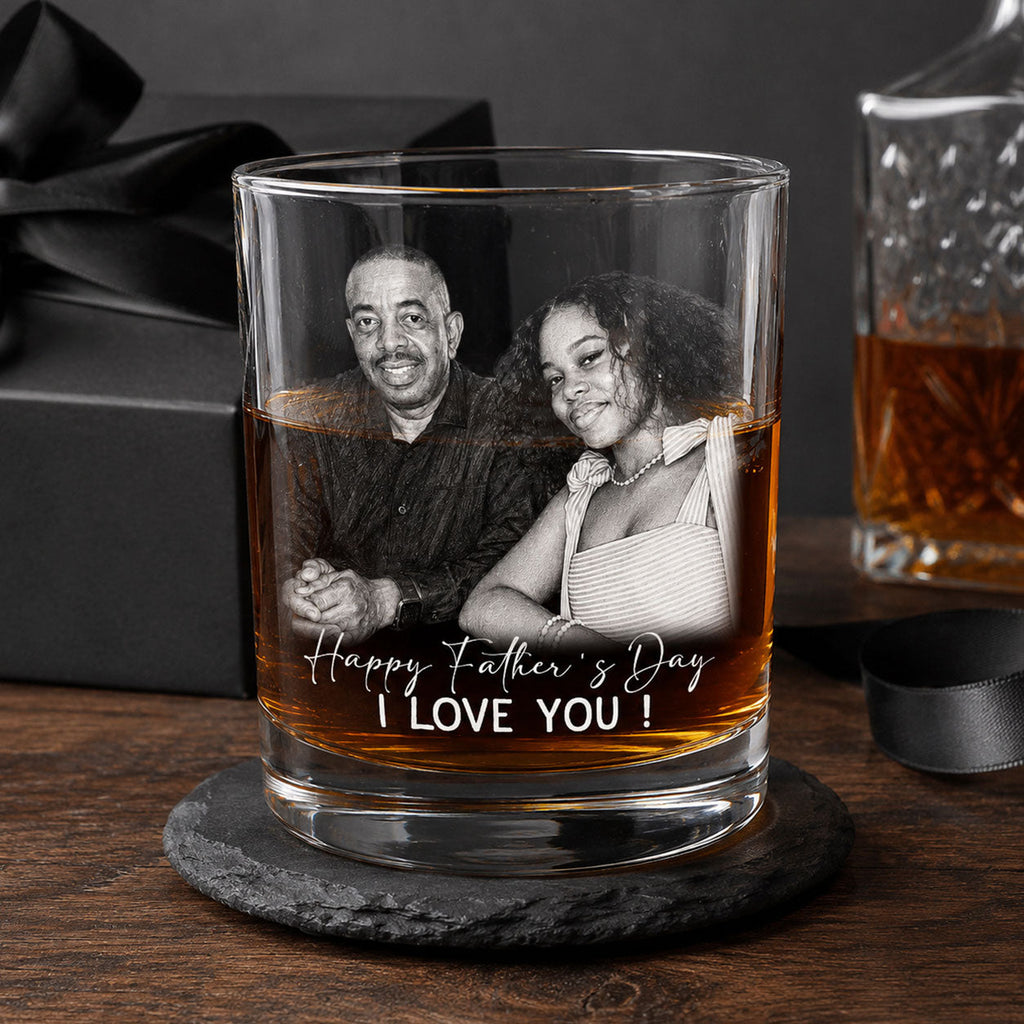 Custom Photo Pencil Sketch Best Dad Ever - Personalized Round Whiskey Glass