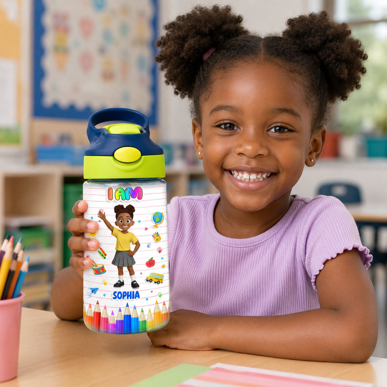 Kid Affirmations I Am Kind Smart Brave  - Personalized Kid Water Bottle