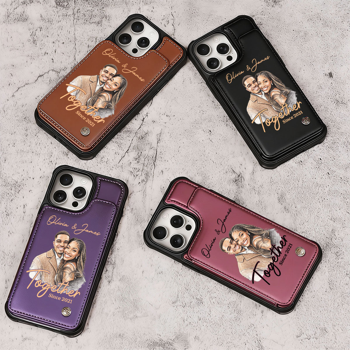 Custom Photo Colored Pencil Sketch Portrait Together Since Forever - Personalized Leather Flip Wallet Phone Case