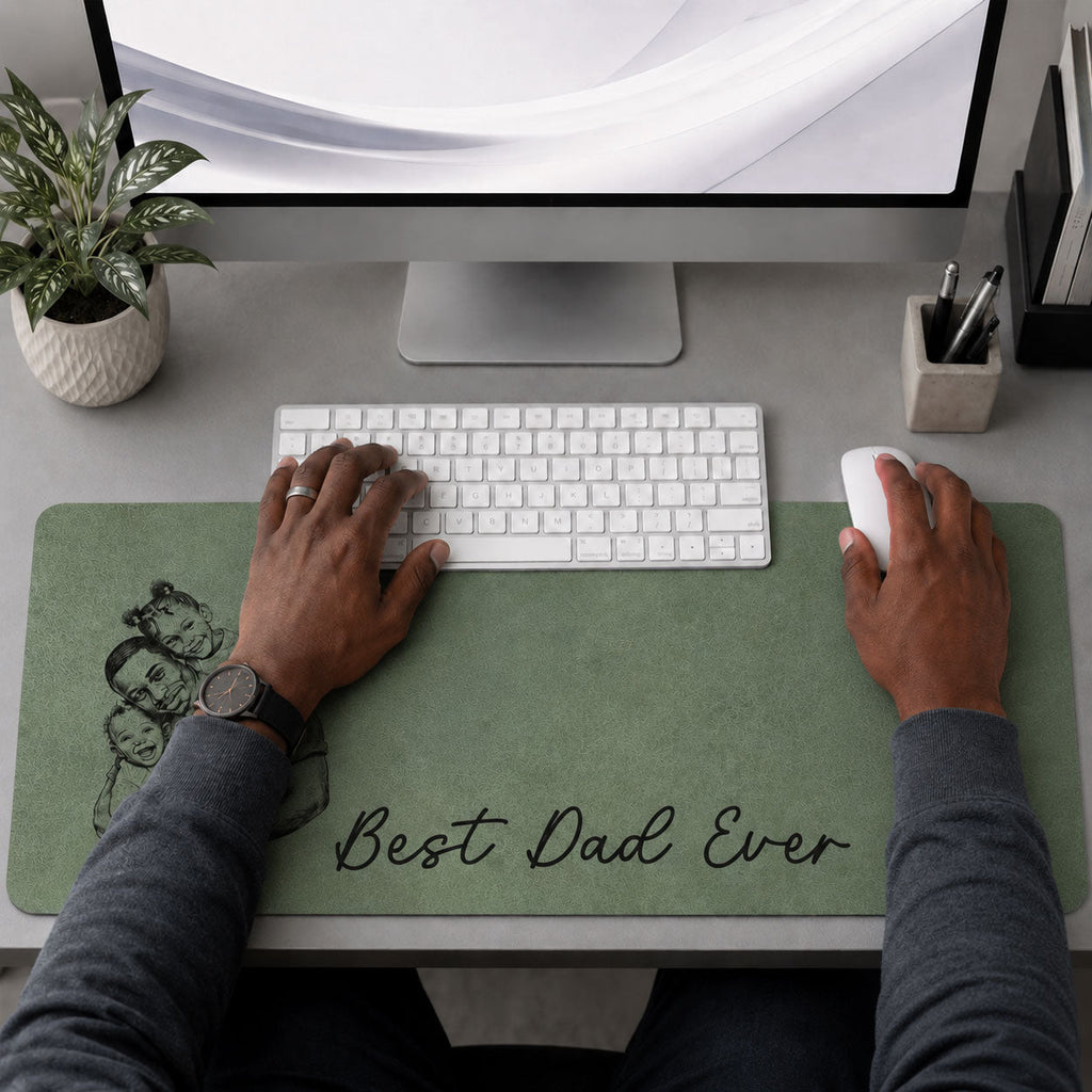 Custom Photo Pencil Sketch Best Dad Ever - Personalized Leather Desk Mat