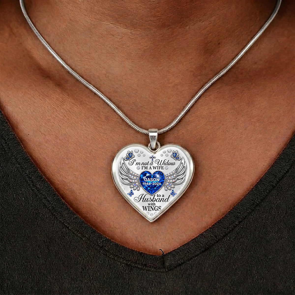 I'm Not A Widow I'm A Wife To A Husband With WIngs - Personalized Heart Necklace
