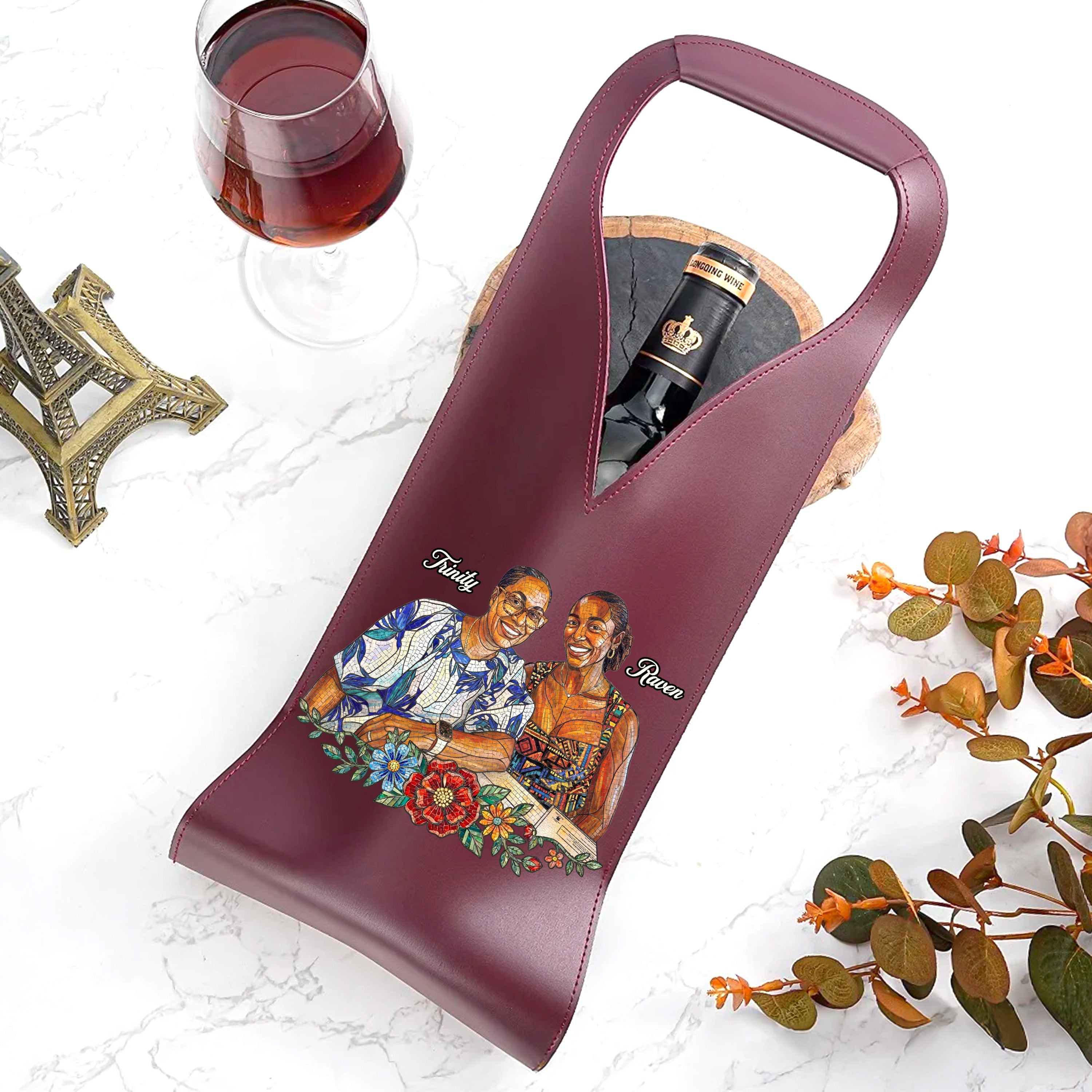 Custom Photo Stained Glass Portrait Mom Grandma Parents Family - Personalized Leather Wine Bag