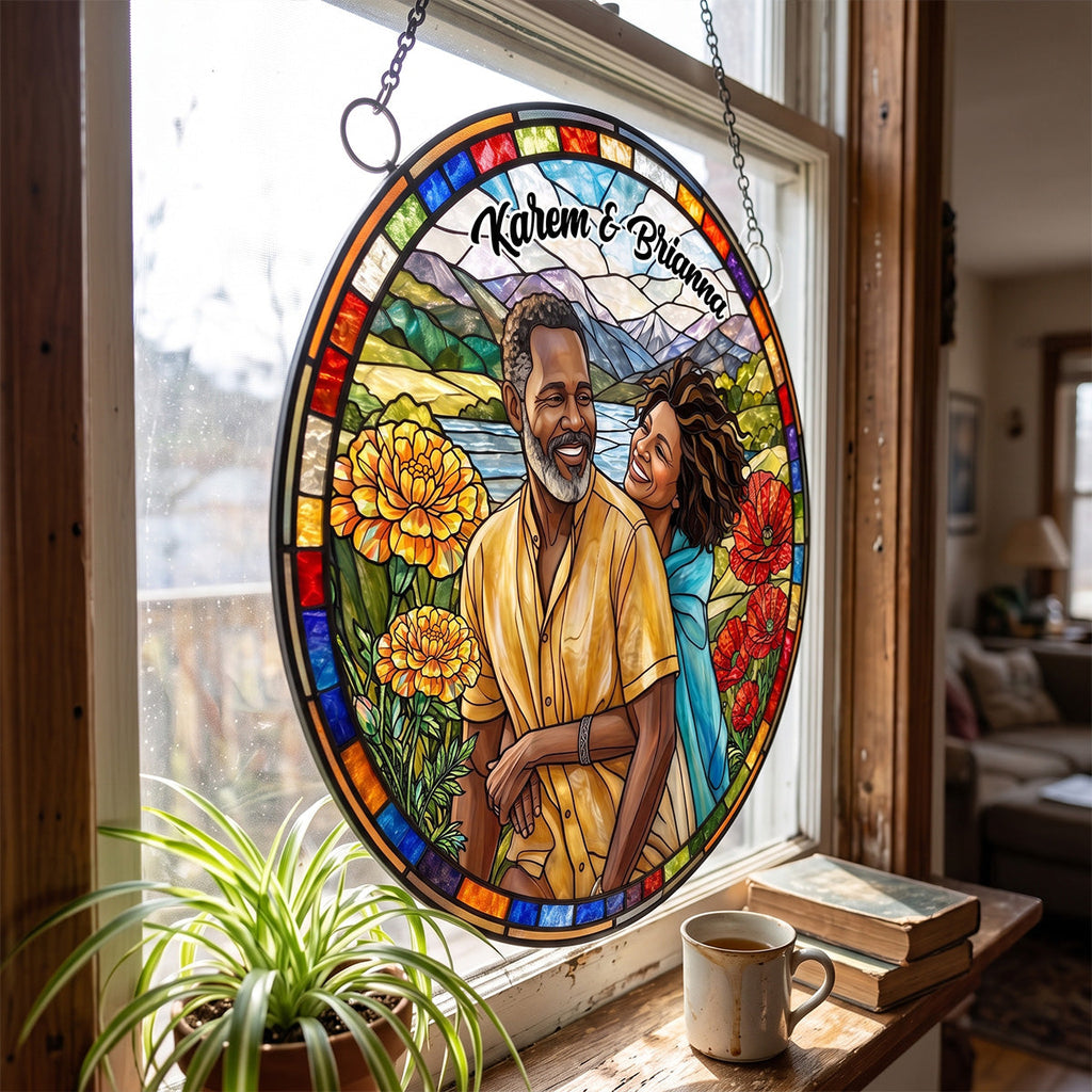 Couple Portrait Gift Birth Month Flower - Personalized Acrylic Suncatcher