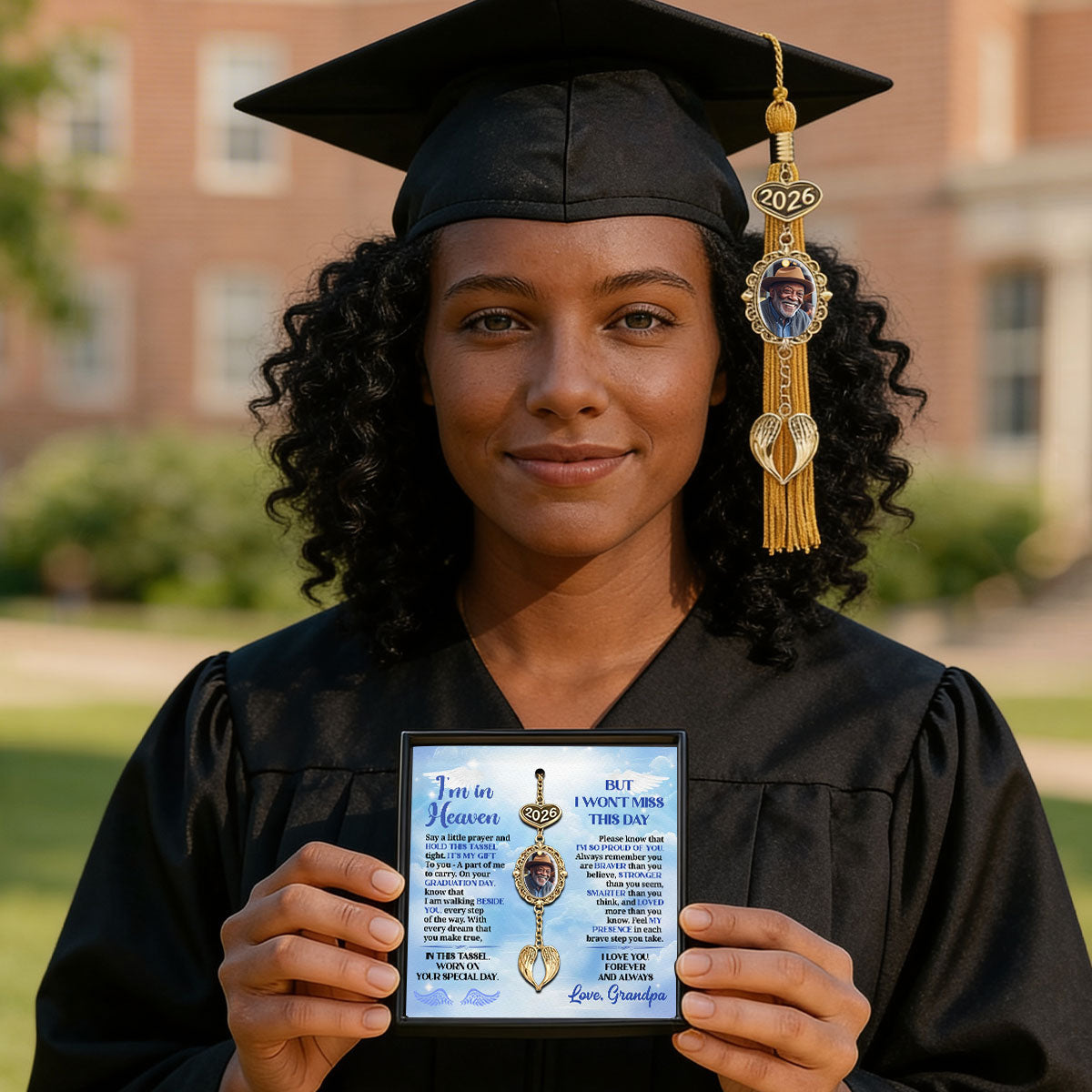 I’m In Heaven But I Won't Miss This Day  - Personalized Graduation Tassel Photo Charm With Angel Wing
