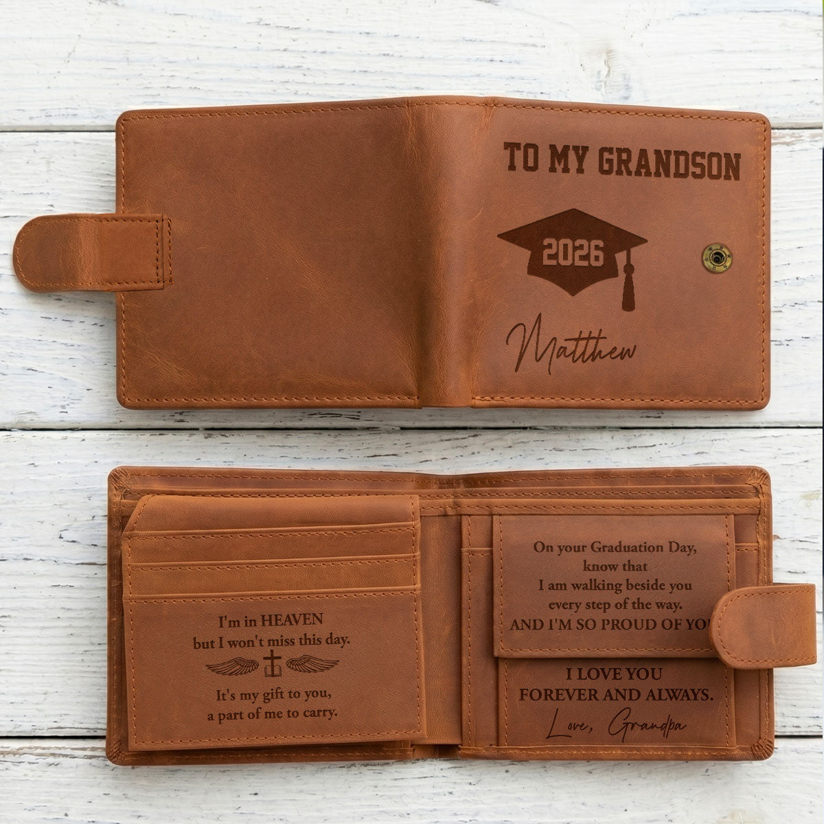 I'm In Heaven But I Won't Miss This Day - Personalized Men's Engraved Leather Wallet