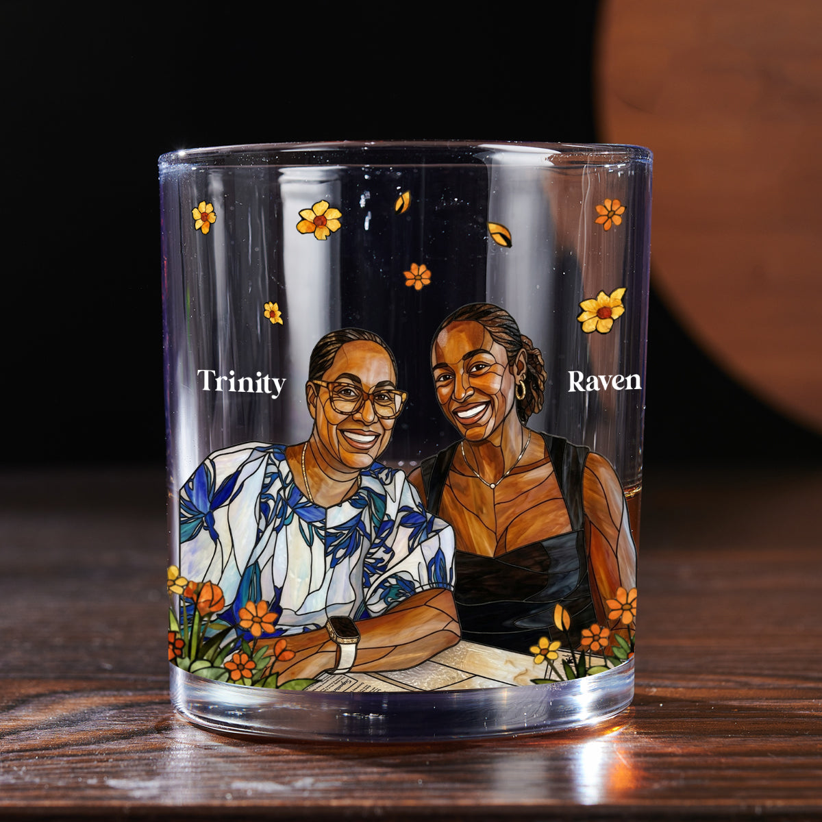 Custom Photo Stained Glass Portrait Mom Grandma Parents Family - Personalized Round Whiskey Glass