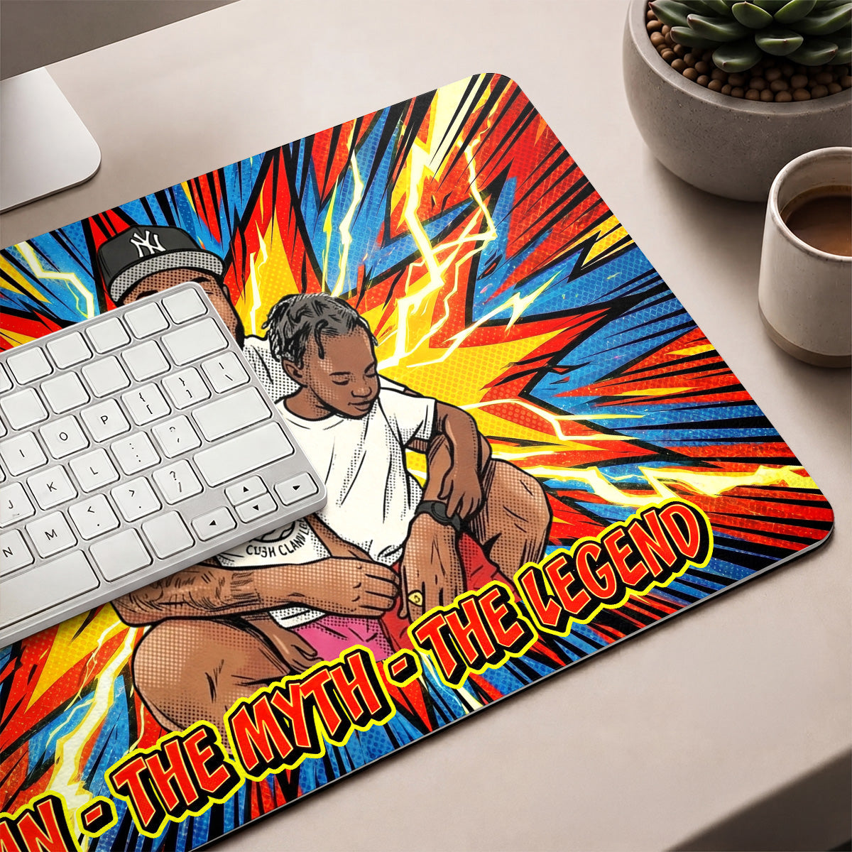 Custom Photo Comic Sketch Dad Grandpa Family - Personalized Leather Desk Mat