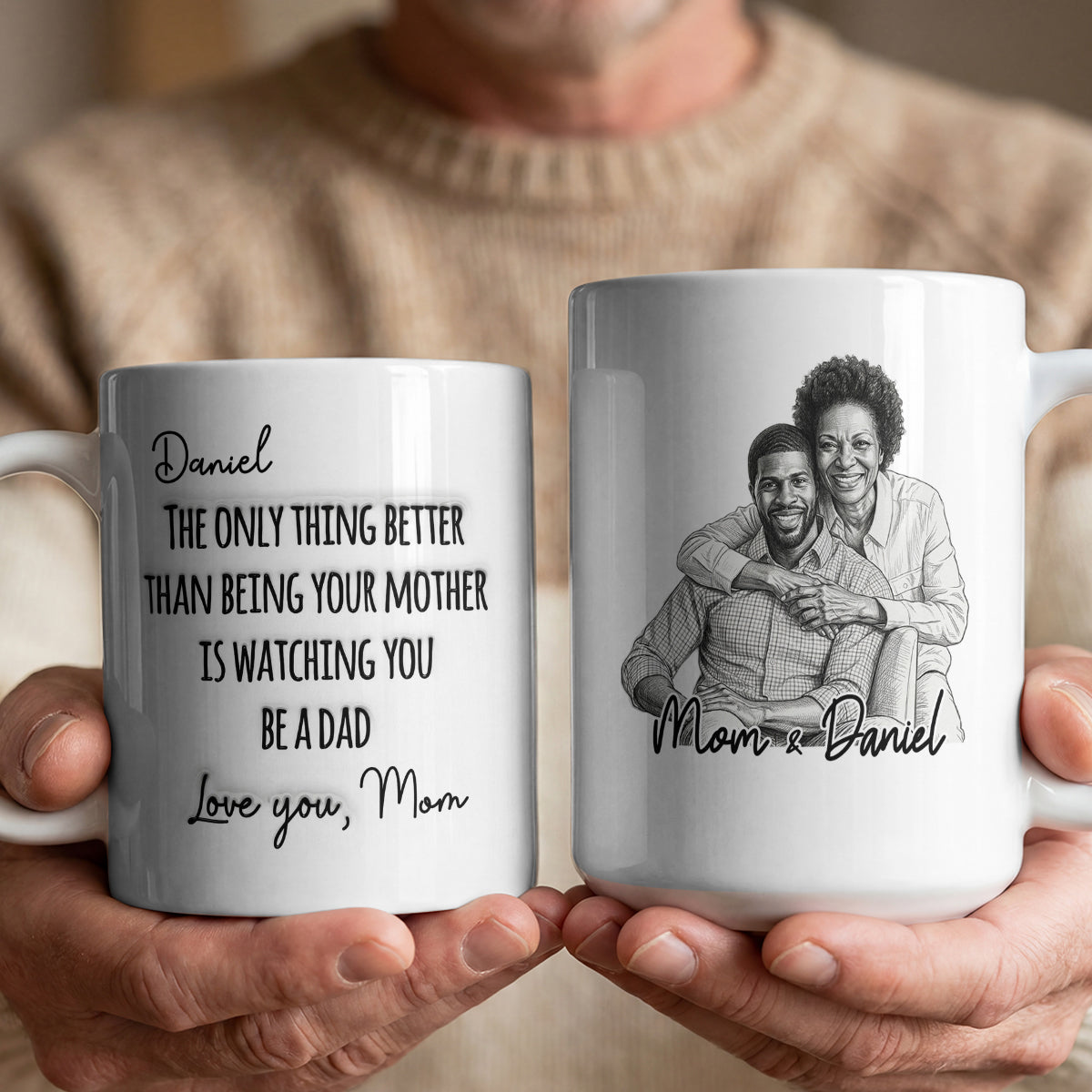 Watching You Being A Dad Custom Photo Sketch Style - Personalized Ceramic Coffee Mug