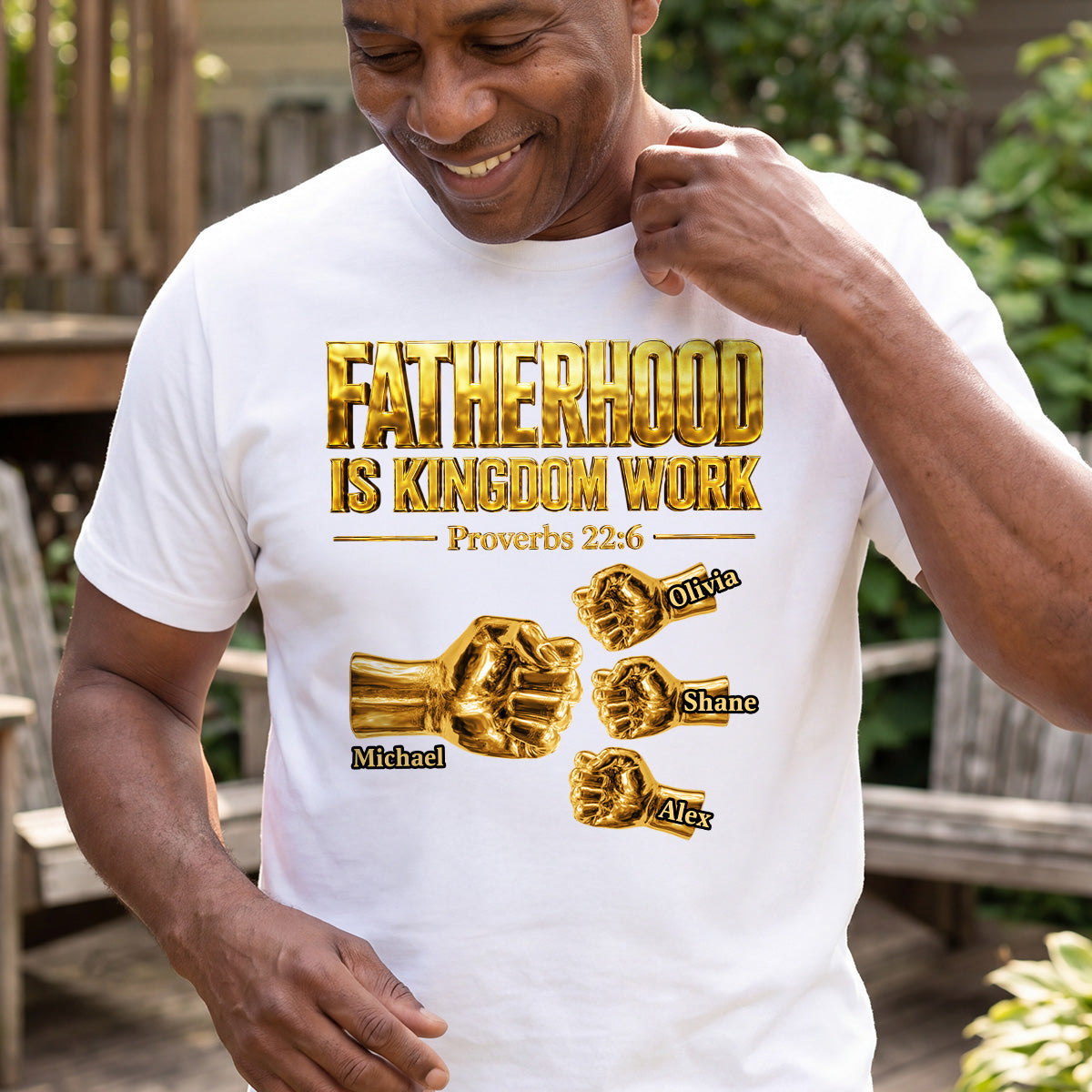 Fatherhood Is Kingdom Work Golden Fist Bump - Personalized 2D Unisex T-shirt