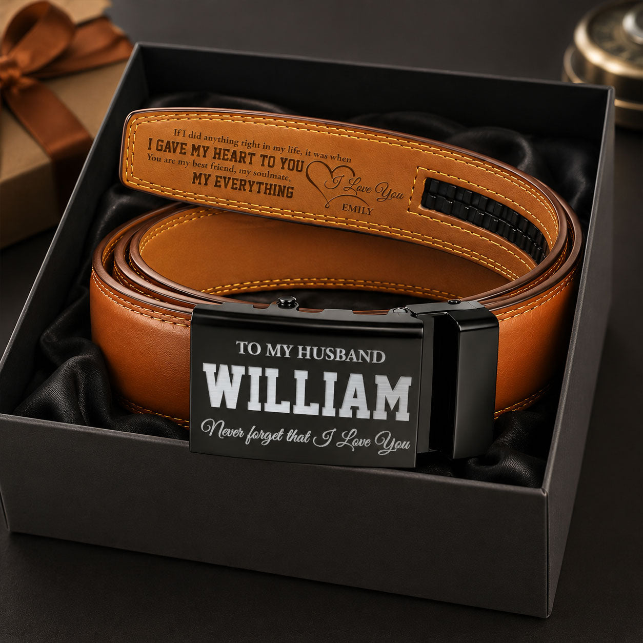 Never Forget I Love You - Personalized Leather Belt With Engraved Buckle