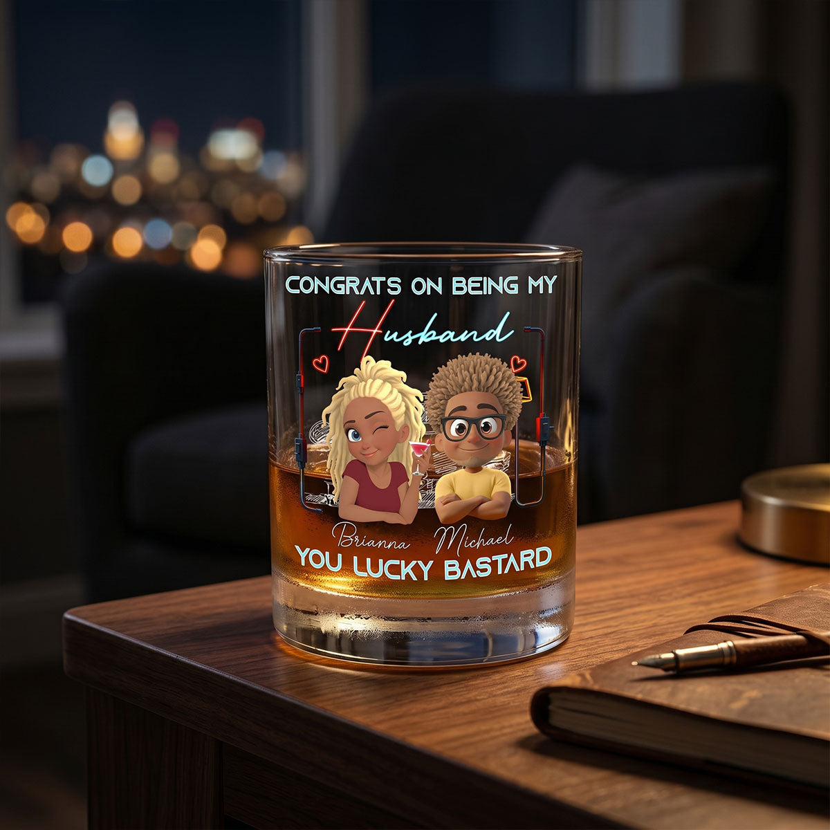 Luckily - Personalized Round Whiskey Glass