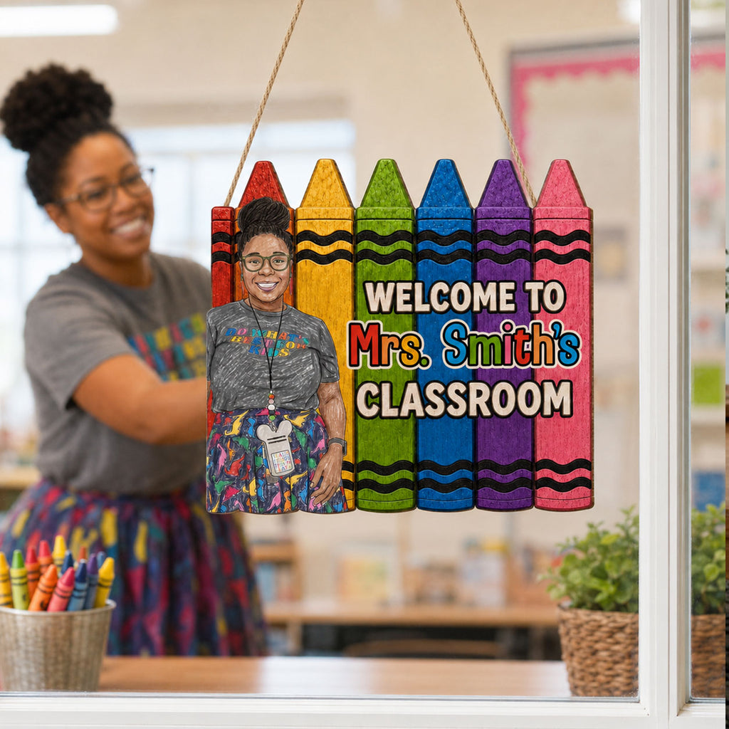 Custom Photo Crayon Sketch Welcome To My Classroom - Personalized Wooden Door Sign