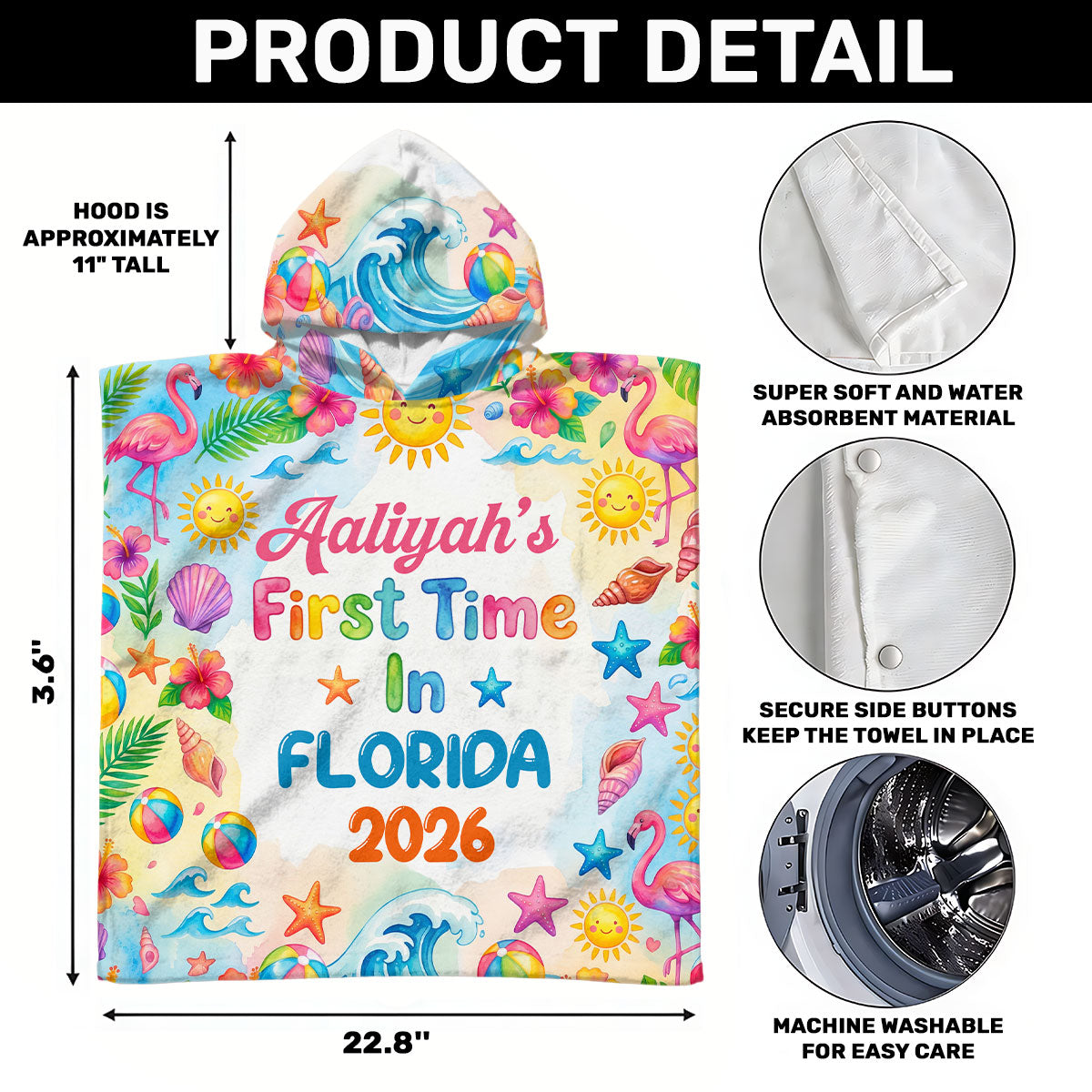 First Time On Holiday - Personalized Kids Hooded Beach Towel