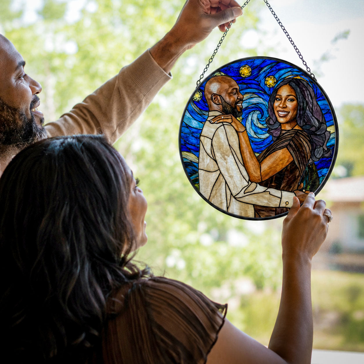 Custom Photo Starry Night Stained Glass Portrait Wife Husband Couple - Personalized Stained Glass Window Hanging Suncatcher