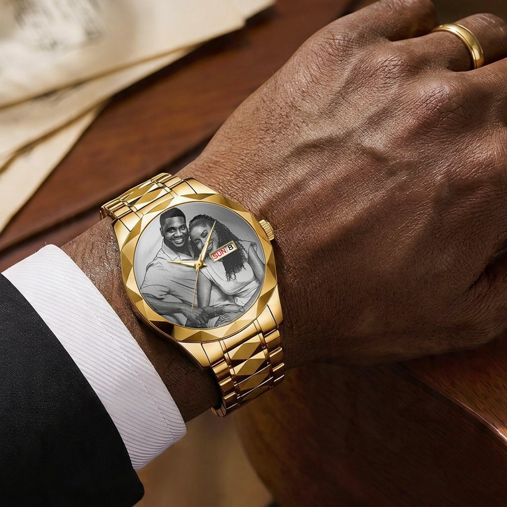 Custom Photo Husband Wife Couple Anniversary Gift - Personalized Men's Wrist Watch