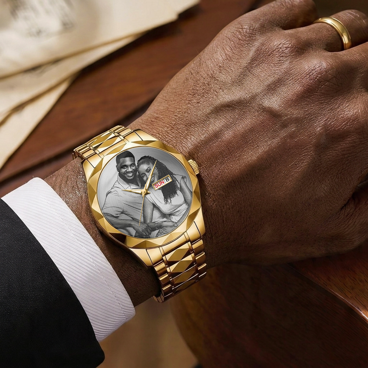 Custom Photo Husband Wife Couple Anniversary Gift - Personalized Men's Wrist Watch