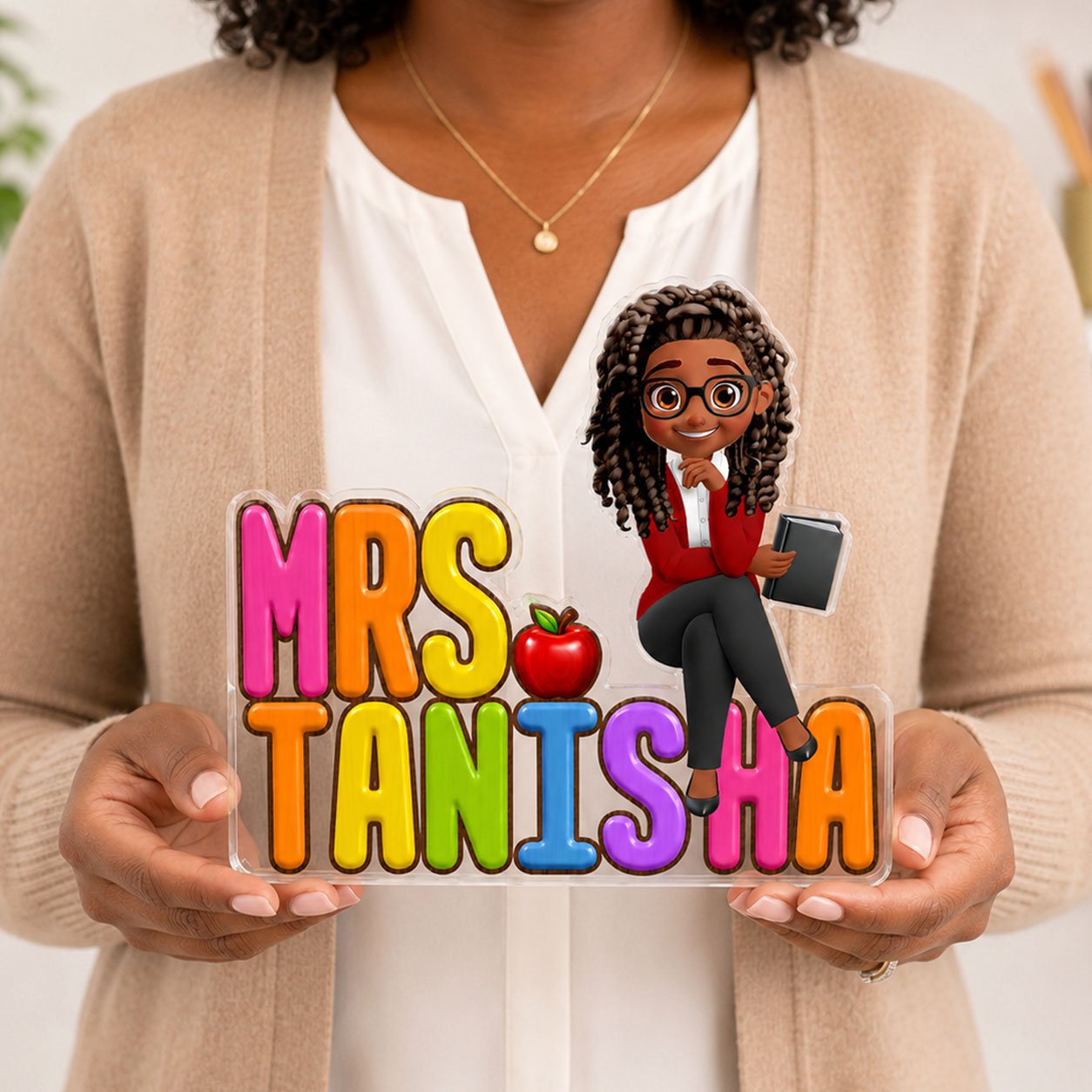 Teacher Name Desk Statue - Personalized Custom Shaped Acrylic Plaque