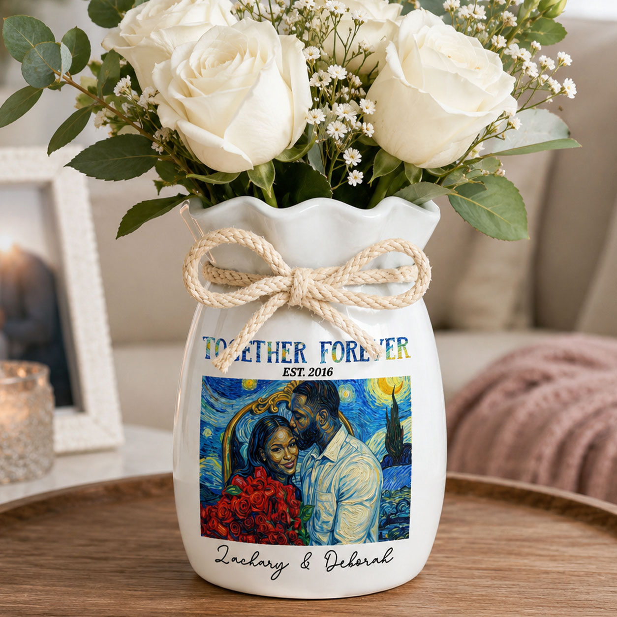 Custom Photo Van Gogh Art Forever And Always - Personalized Flower Vase With Ribbon