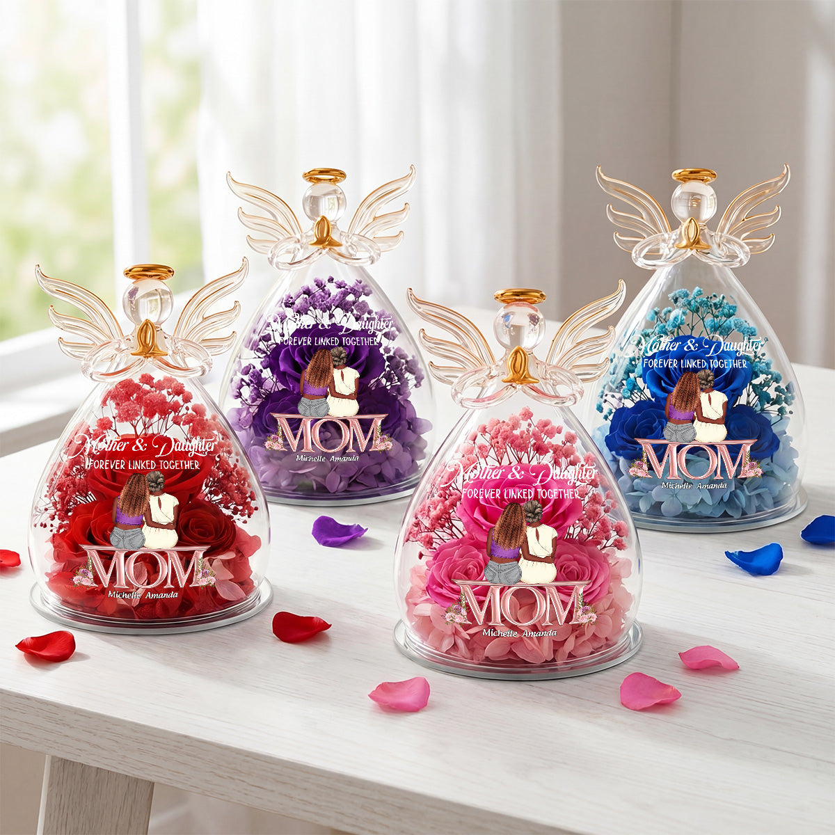 Mother And Daughter Forever Linked Together - Personalized Angel Dome With Preserved Flowers