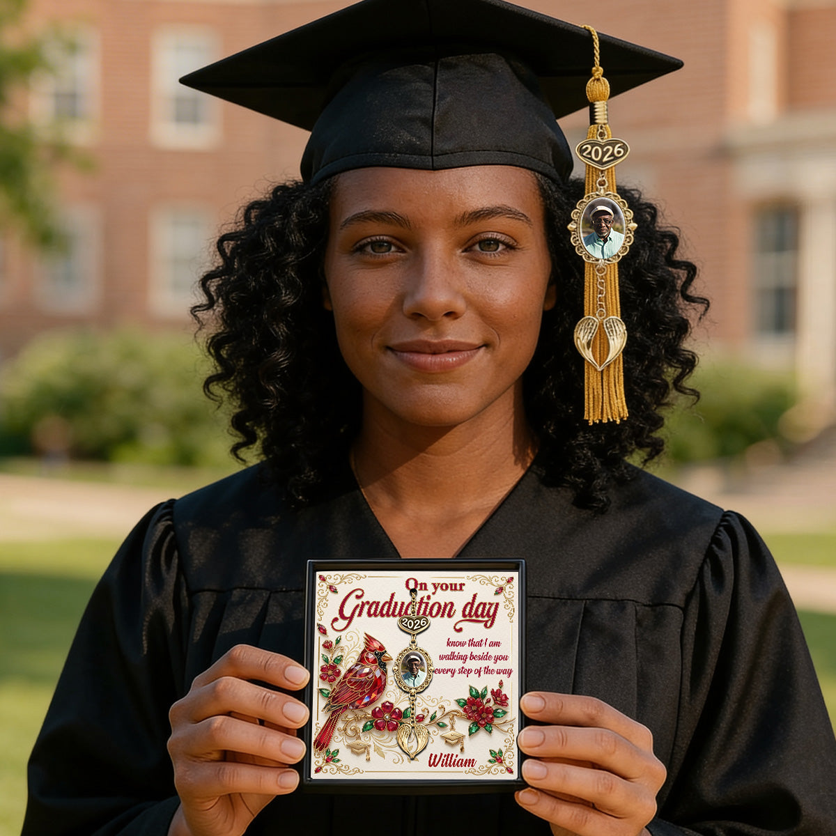 Graduation Walking Beside You Every Step - Personalized Graduation Tassel Photo Charm With Angel Wing