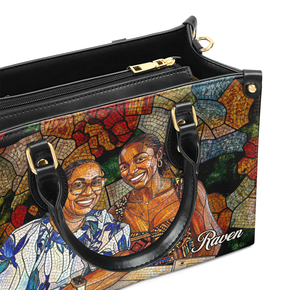 Custom Photo Stained Glass Portrait Mom Grandma Parents Family - Personalized Leather Handbag