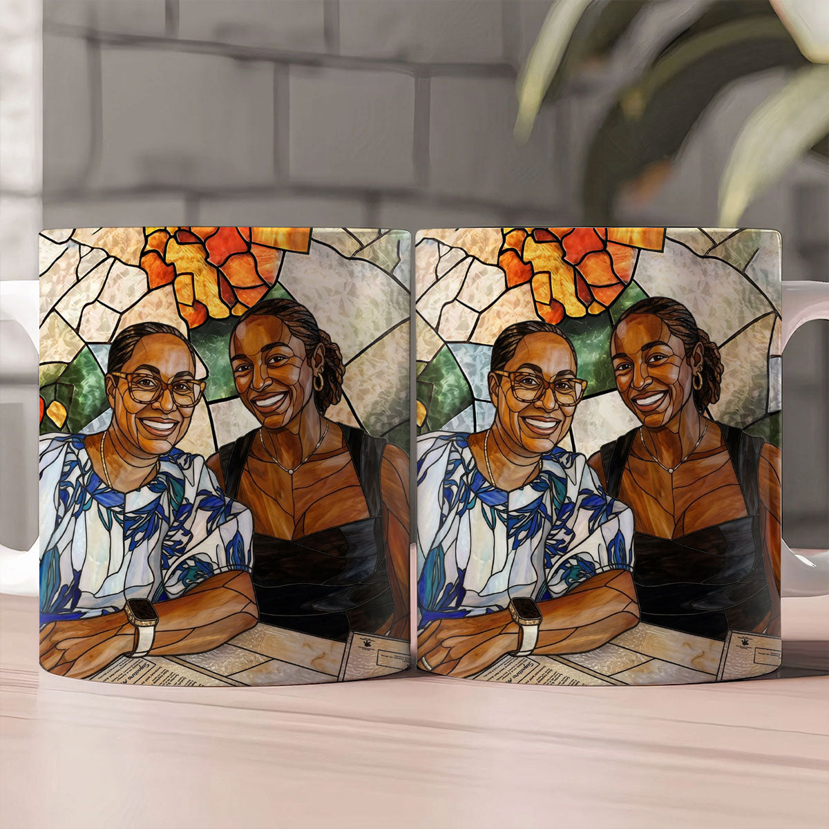 Custom Photo Stained Glass Portrait Mom Grandma Parents Family - Personalized Ceramic Coffee Mug