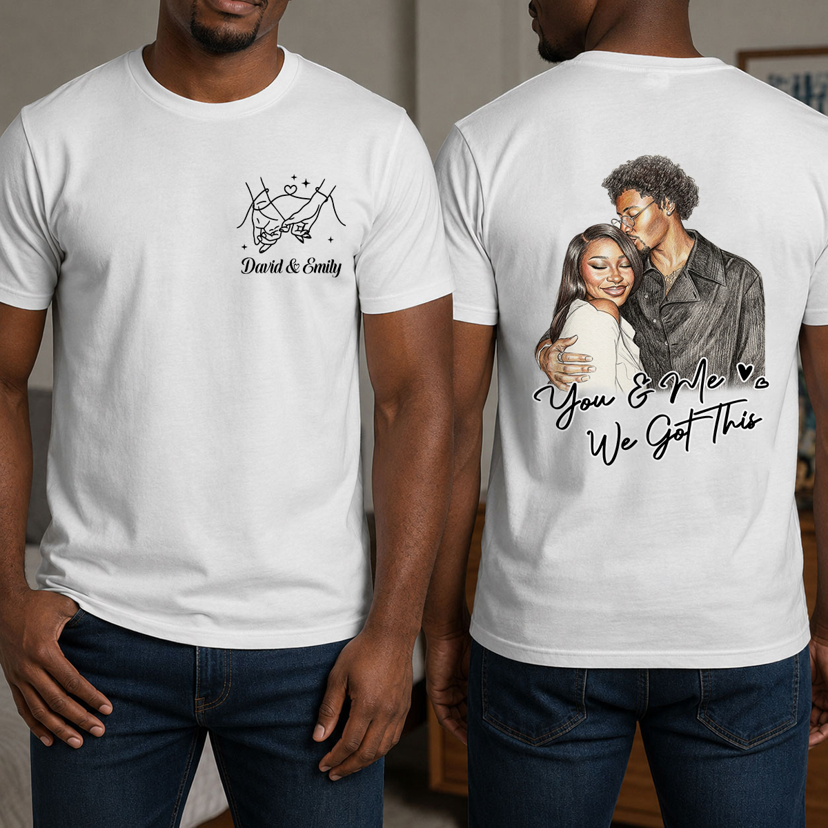 Custom Photo Colored Pencil Sketch Portrait You And Me - Personalized T-shirt With Front Back Design