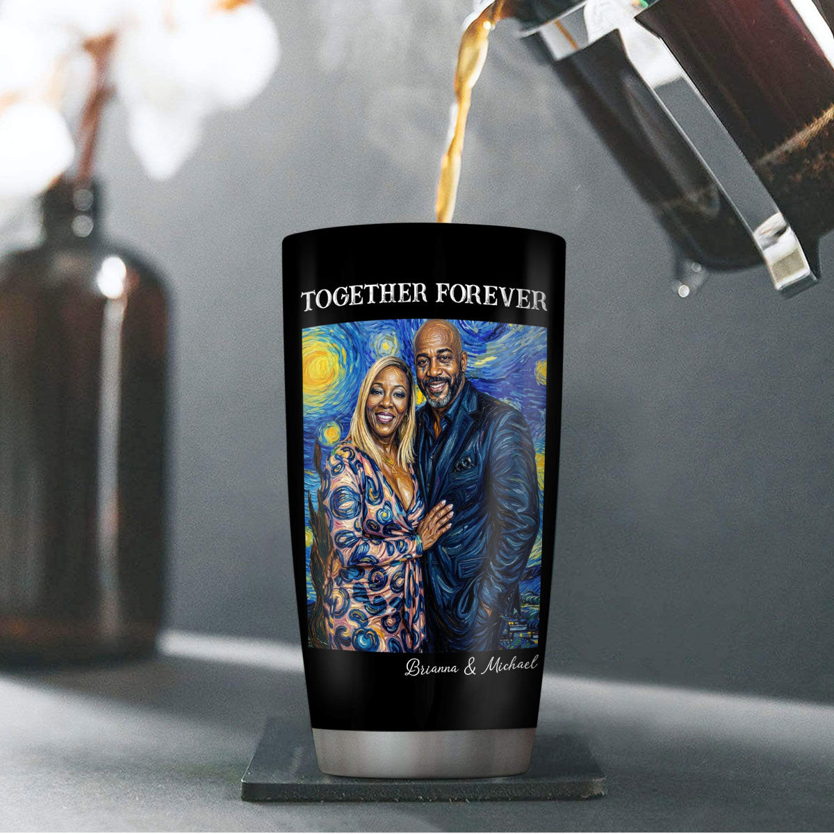 Custom Photo Starry Night Oil Painting Forever And Always - Personalized Stainless Steel Tumbler