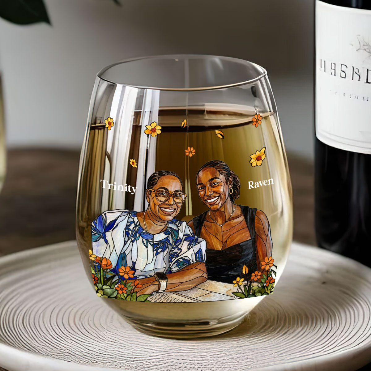 Custom Photo Stained Glass Portrait Mom Grandma Parents Family - Personalized Stemless Wine Glass