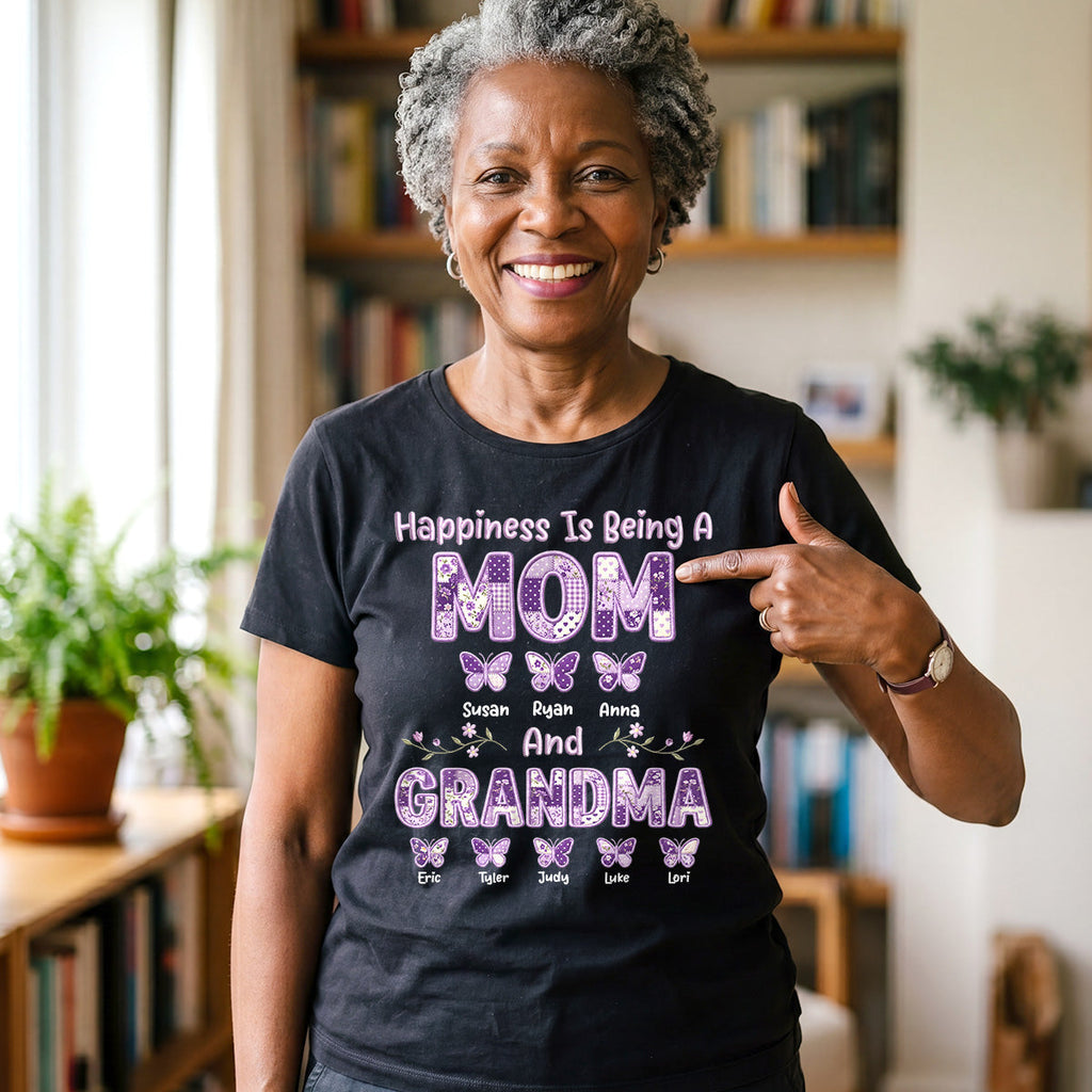 Happiness Is Being A Mom And Grandma - Personalized 2D Unisex T-shirt