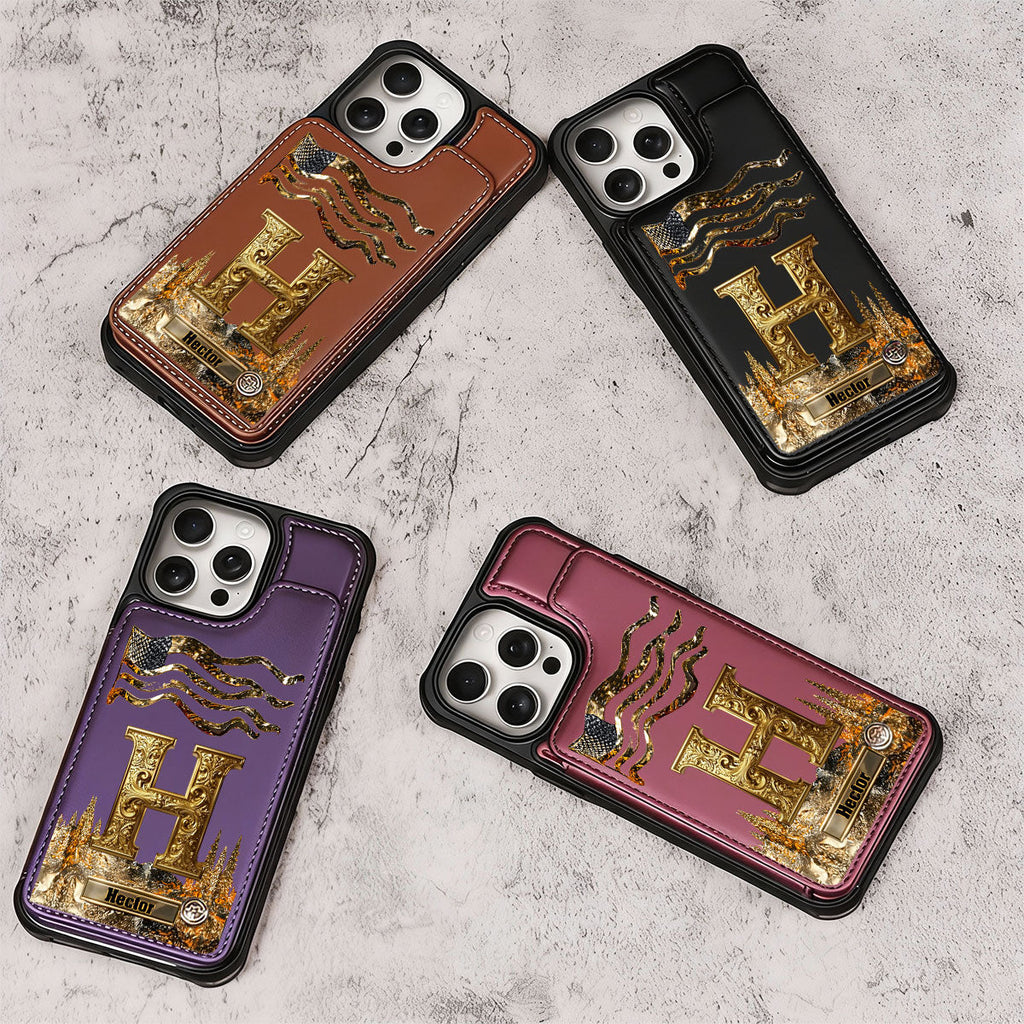 Golden Initial Gift For Husband And Son - Personalized Leather Flip Wallet Phone Case