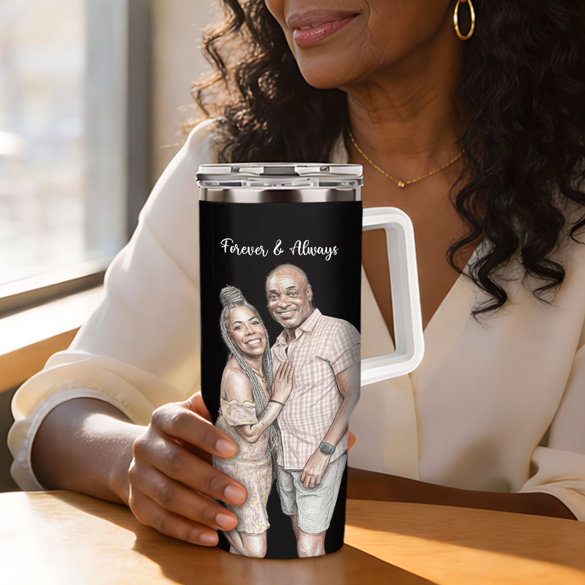 Custom Photo Colored Pencil Sketch Portrait Together Forever - Personalized Stainless Steel Tumbler