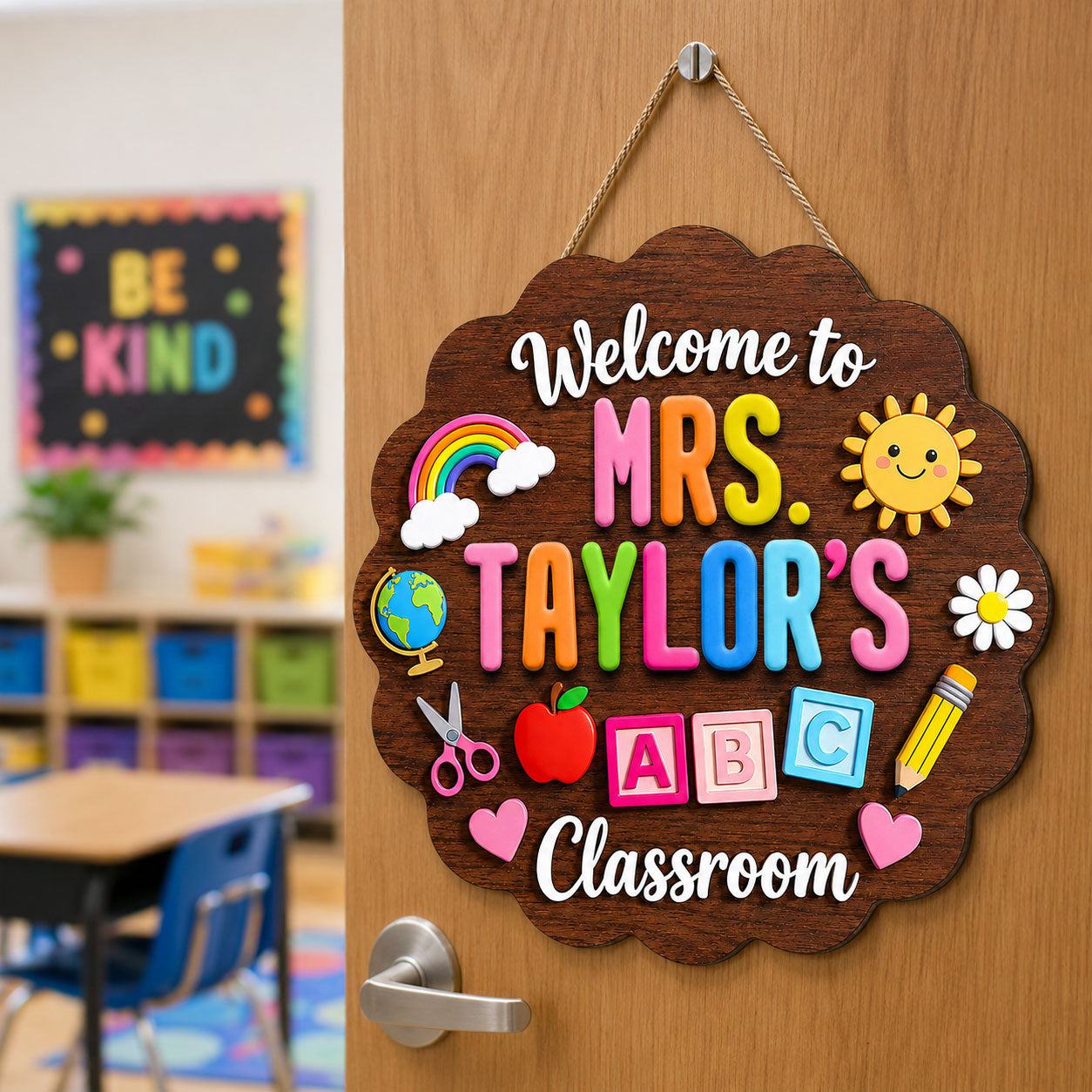 Welcome To Teacher's Classroom - Personalized Wooden Door Sign