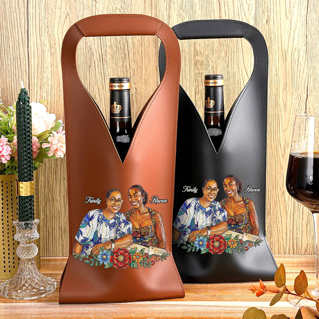 Custom Photo Stained Glass Portrait Mom Grandma Parents Family - Personalized Leather Wine Bag