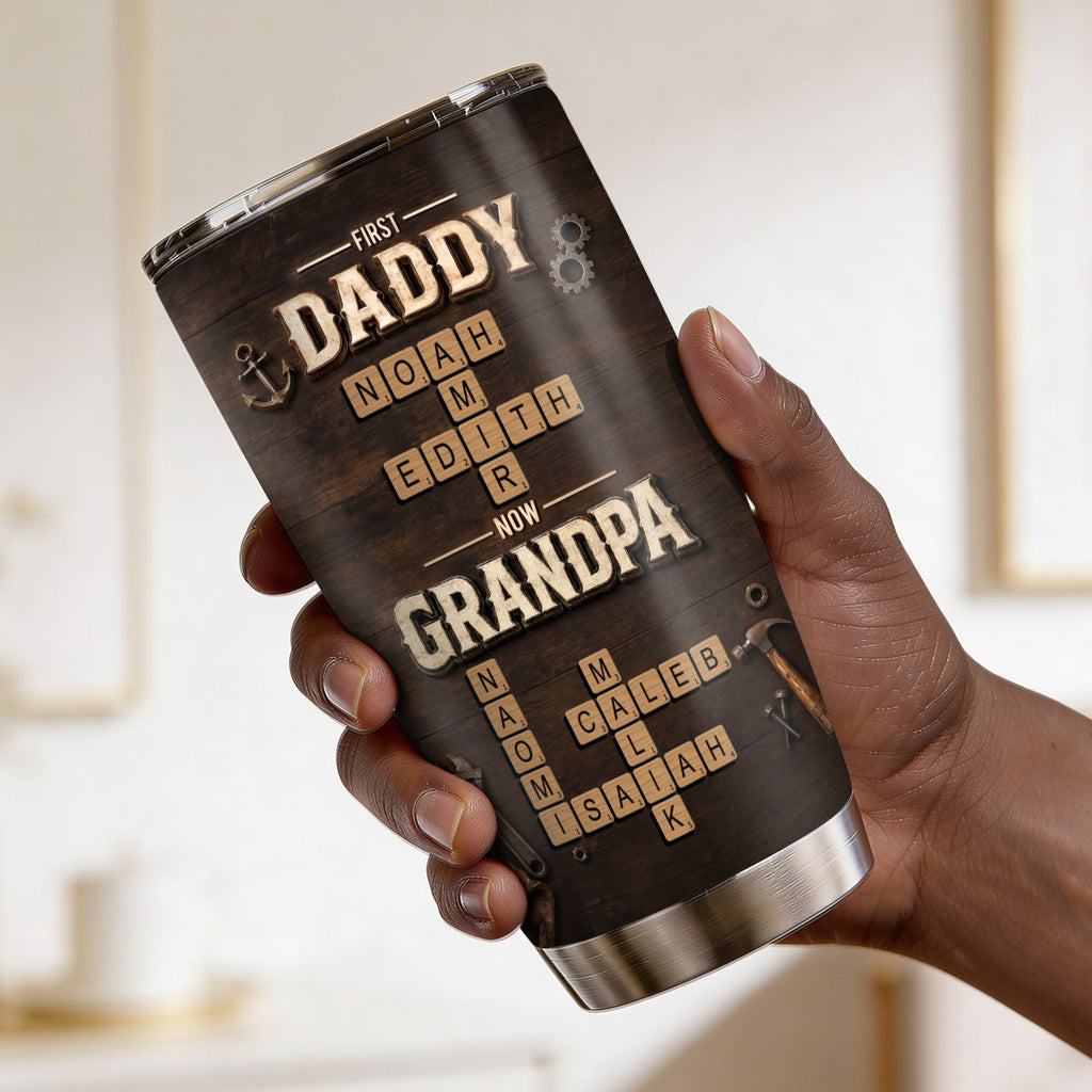 First Daddy Now Grandpa Crossword Puzzle Art - Personalized Stainless Steel Tumbler