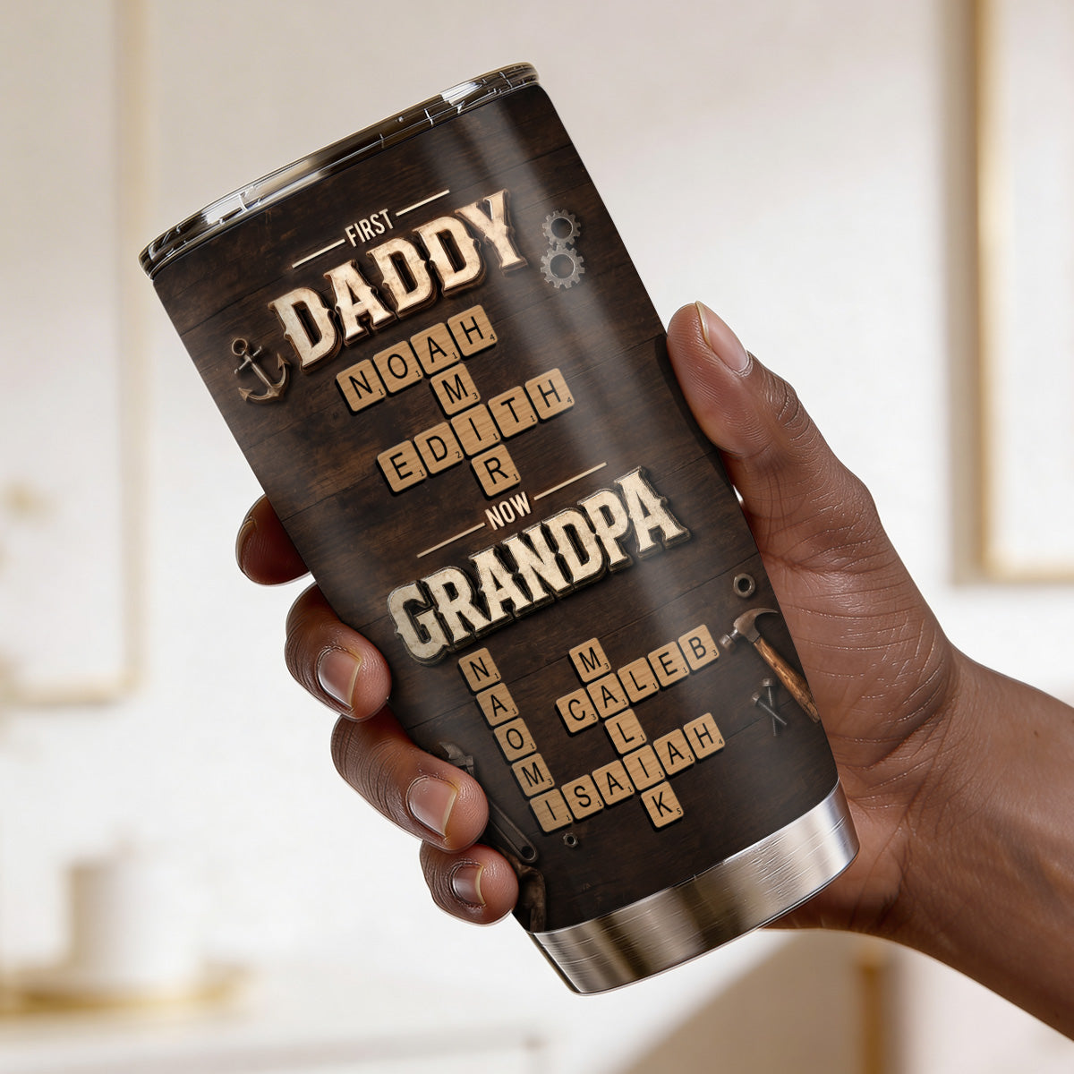First Daddy Now Grandpa Crossword Puzzle Art - Personalized Stainless Steel Tumbler