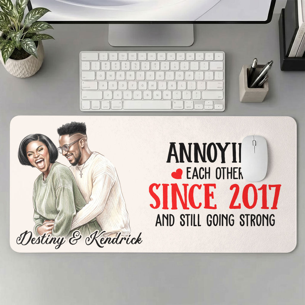 Custom Photo Colored Pencil Sketch Portrait Annoying Each Other - Personalized Leather Desk Mat