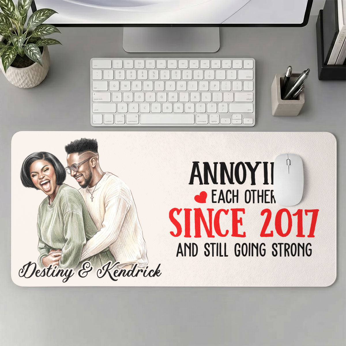 Custom Photo Colored Pencil Sketch Portrait Annoying Each Other - Personalized Leather Desk Mat