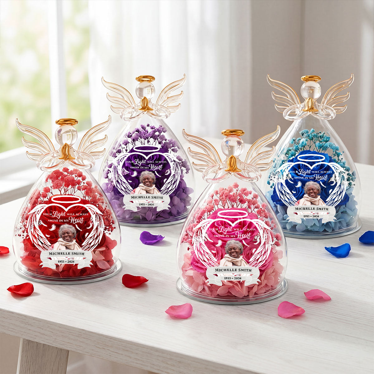 Your Light Will Always Shine In My Heart - Personalized Angel Dome With Preserved Flowers