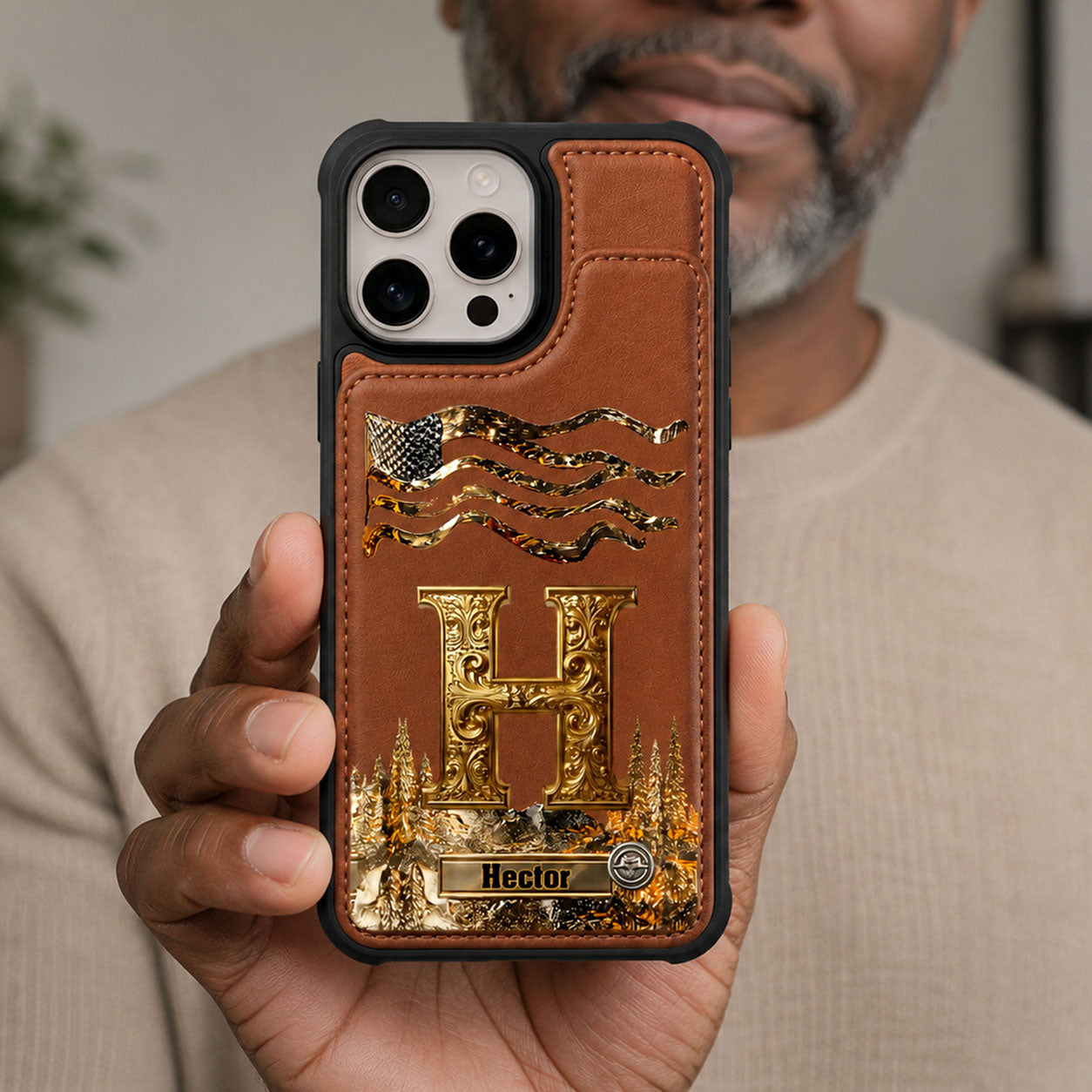 Golden Initial Gift For Husband And Son - Personalized Leather Flip Wallet Phone Case
