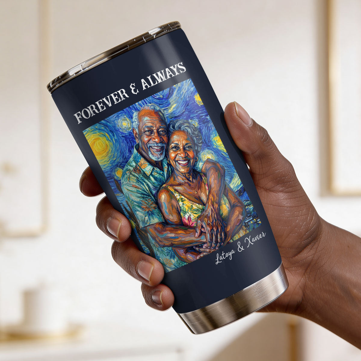 Custom Photo Starry Night Oil Painting Forever And Always - Personalized Stainless Steel Tumbler