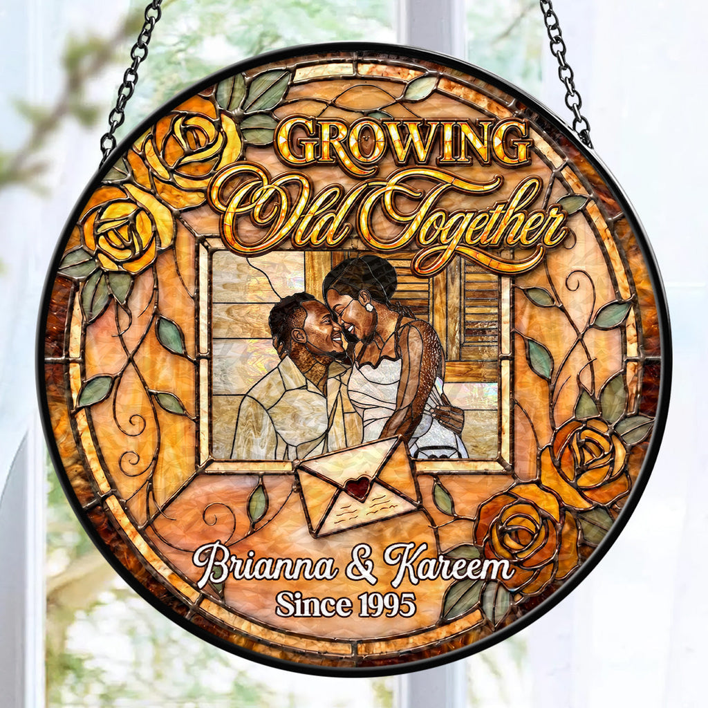 Growing Old Together Forever - Personalized Stained Glass Window Hanging Suncatcher