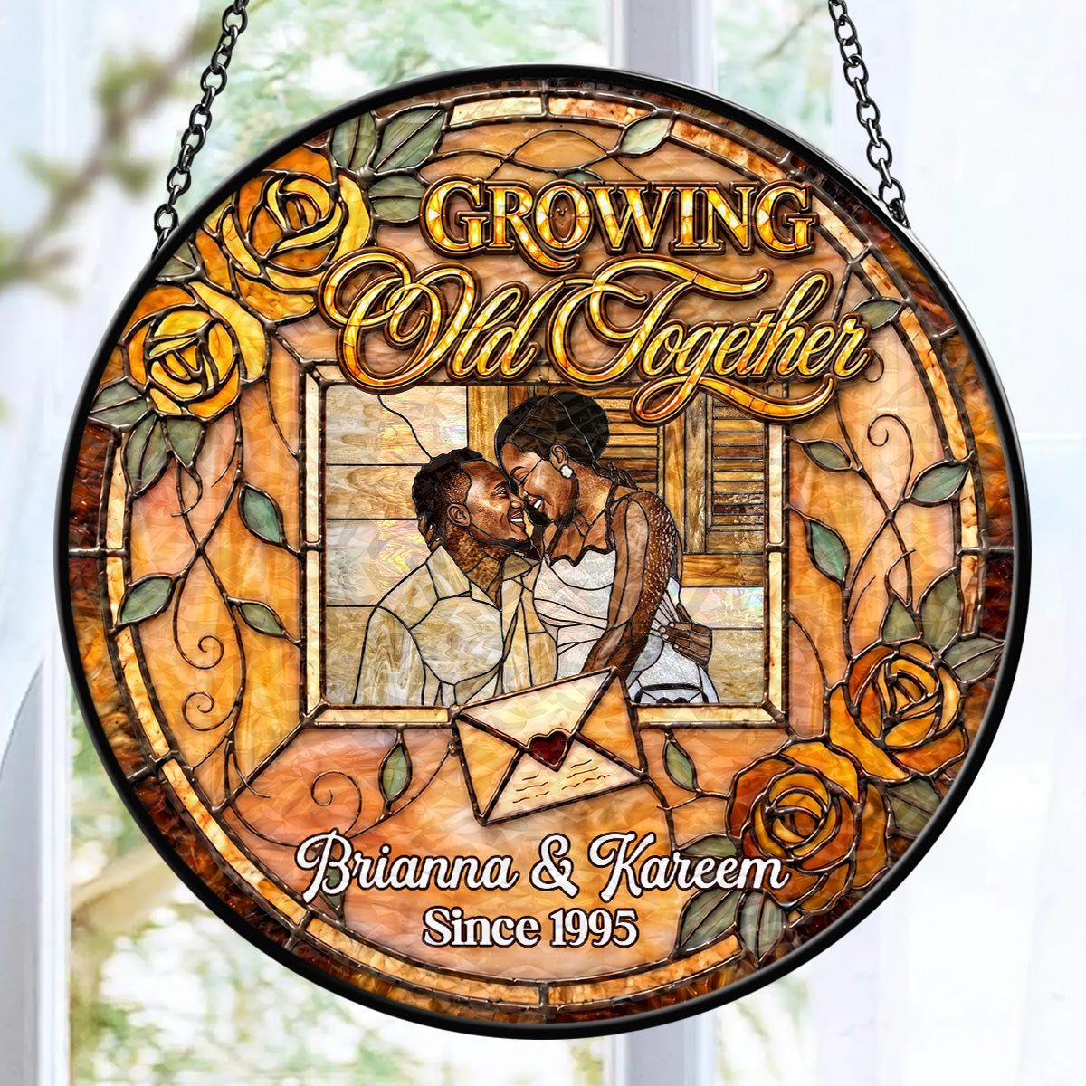 Growing Old Together Forever - Personalized Stained Glass Window Hanging Suncatcher
