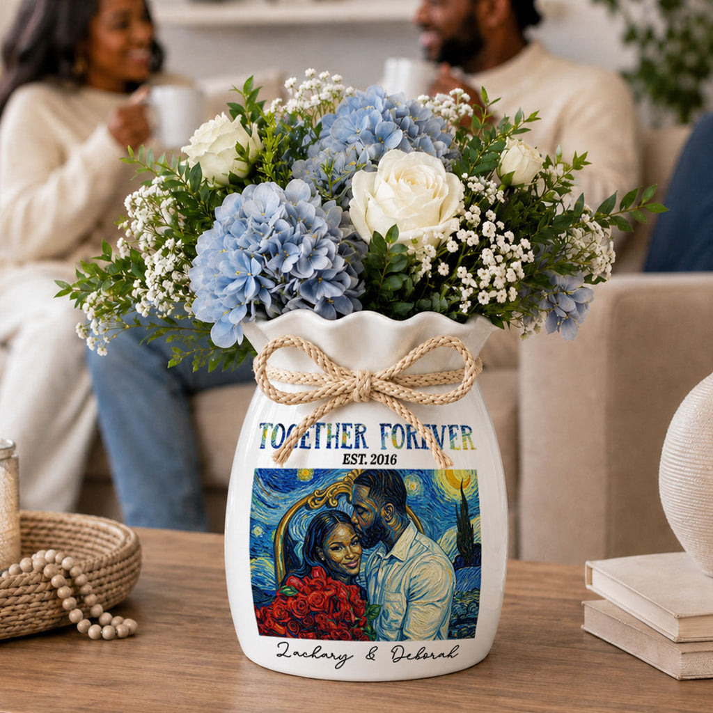 Custom Photo Van Gogh Art Forever And Always - Personalized Flower Vase With Ribbon