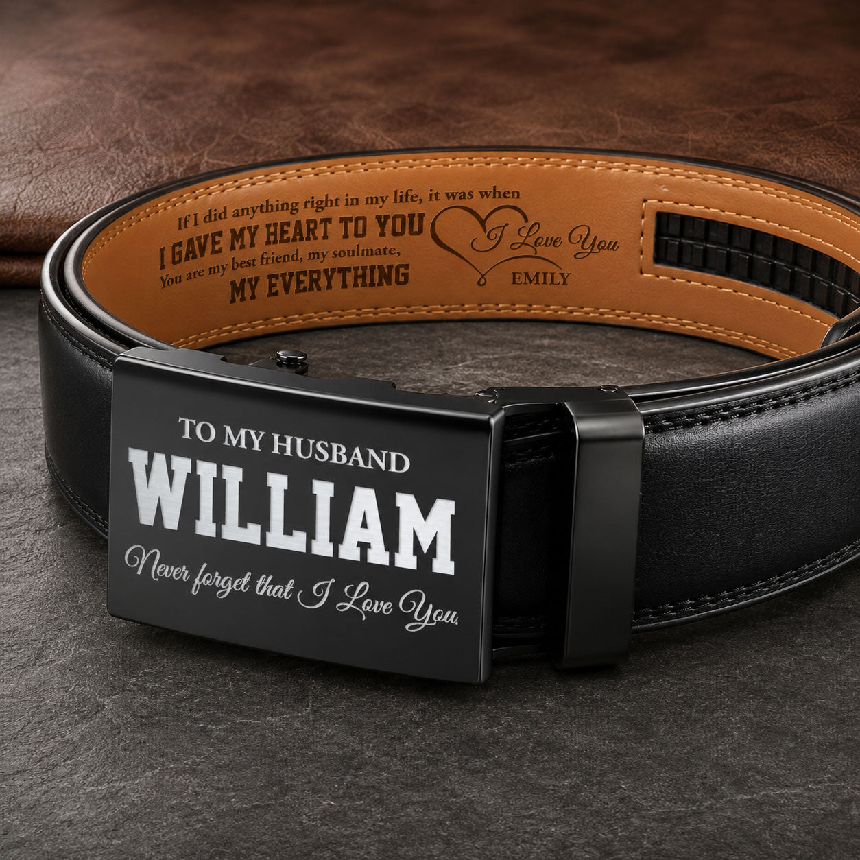Never Forget I Love You - Personalized Leather Belt With Engraved Buckle