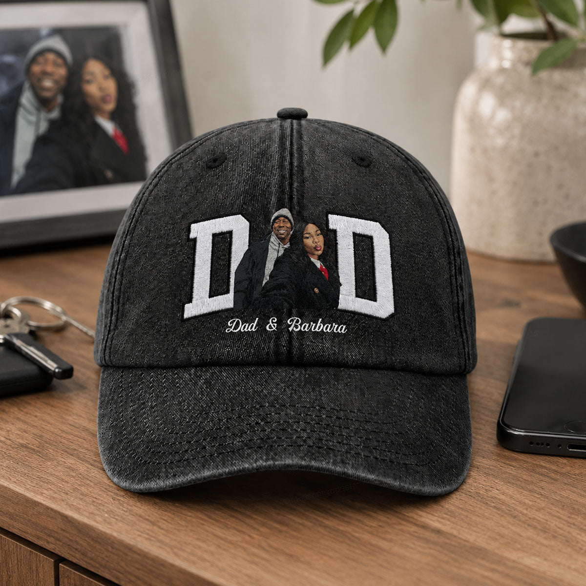 Custom Photo Portrait Dad Grandpa Family Dad - Personalized Vintage Washed Denim Cap