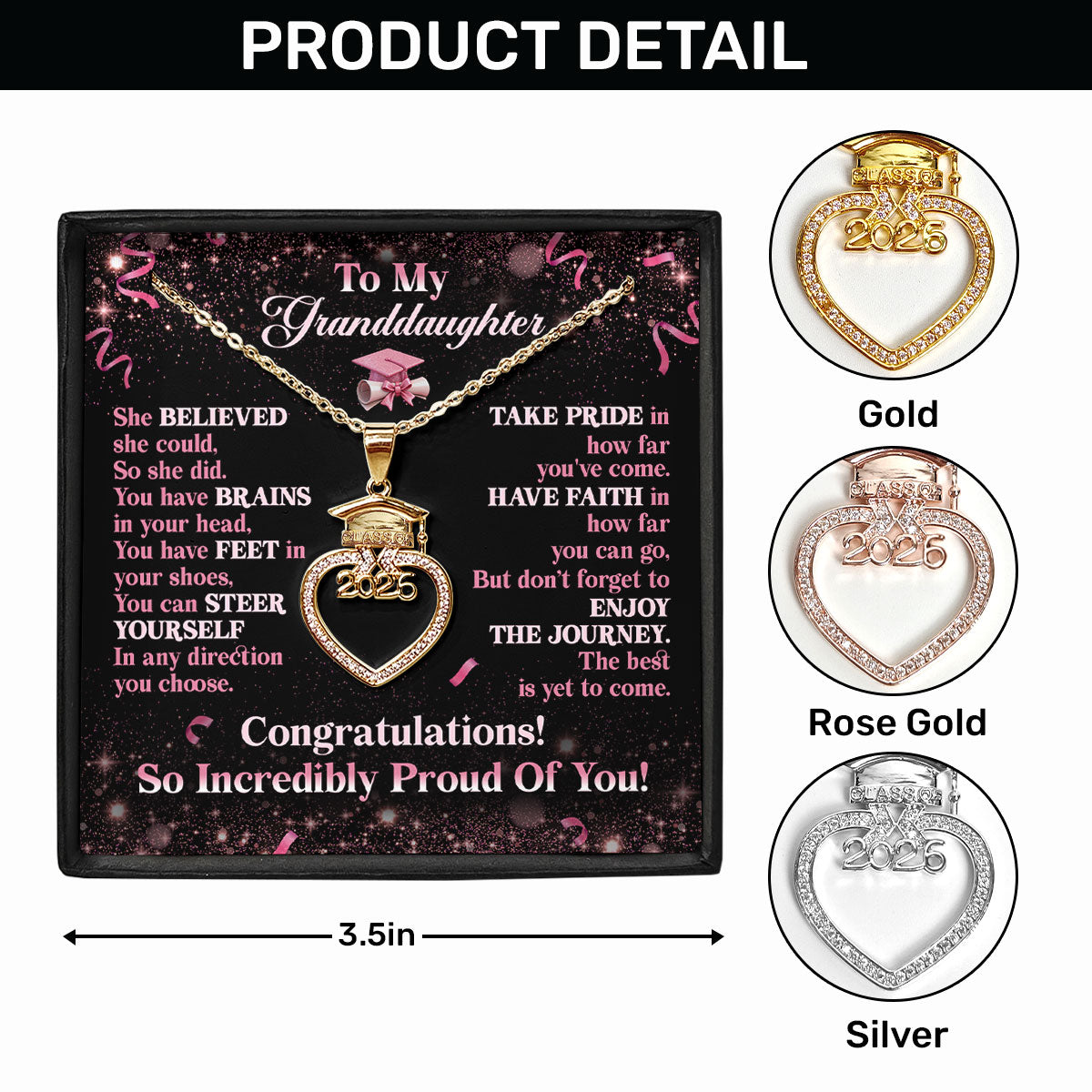 Believe, Achieve, Enjoy The Journey - Personalized Grad Cap Heart Necklace With Box & Card 2026