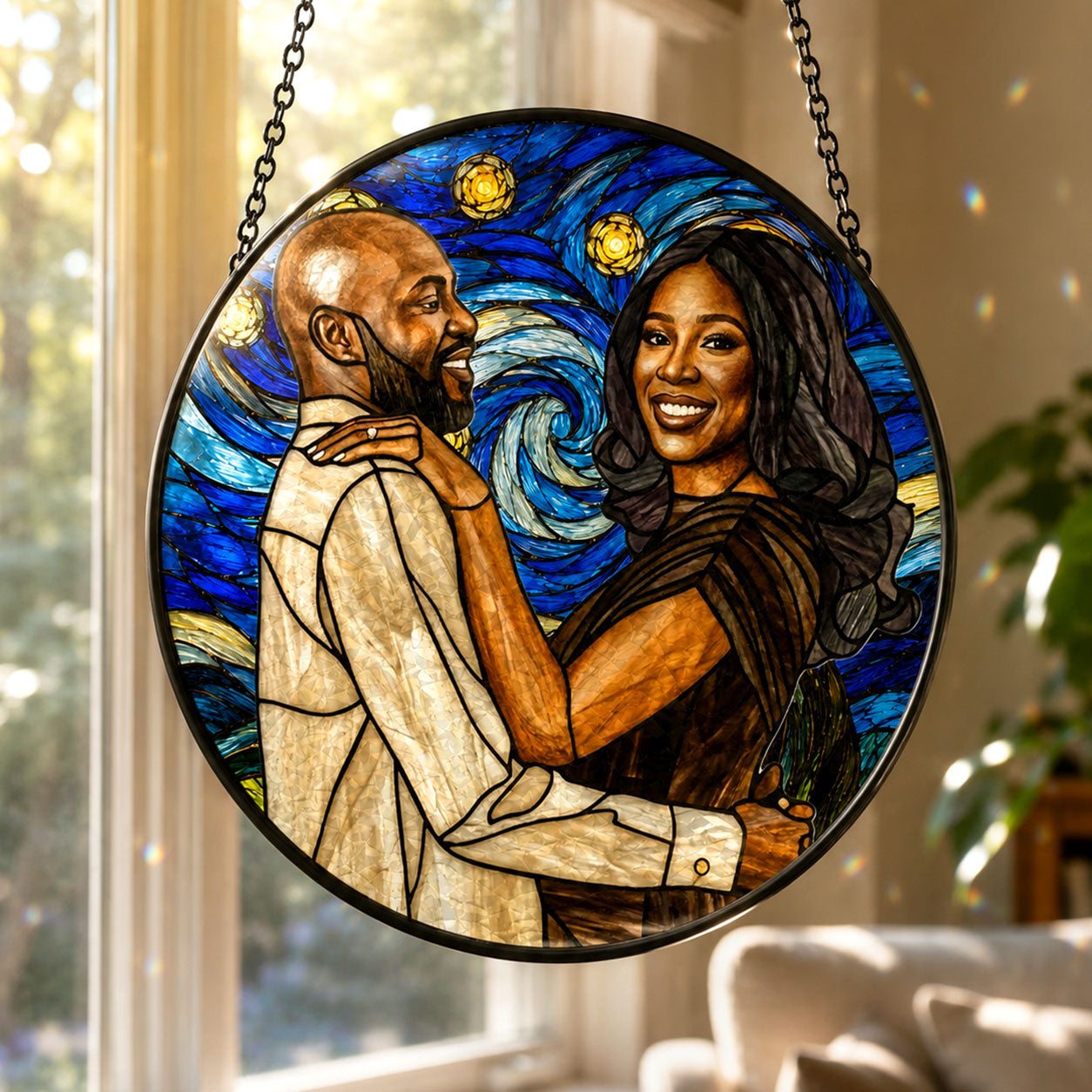 Custom Photo Starry Night Stained Glass Portrait Wife Husband Couple - Personalized Stained Glass Window Hanging Suncatcher