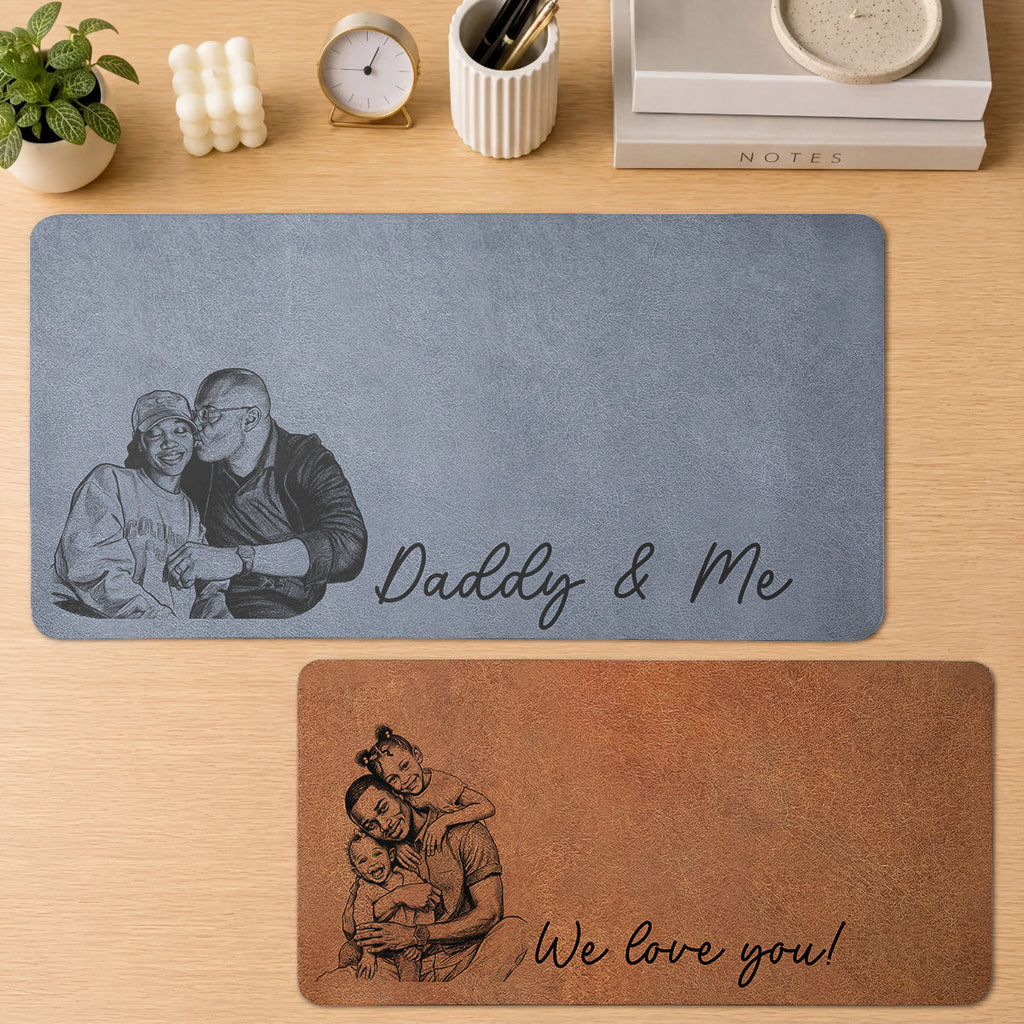 Custom Photo Pencil Sketch Best Dad Ever - Personalized Leather Desk Mat