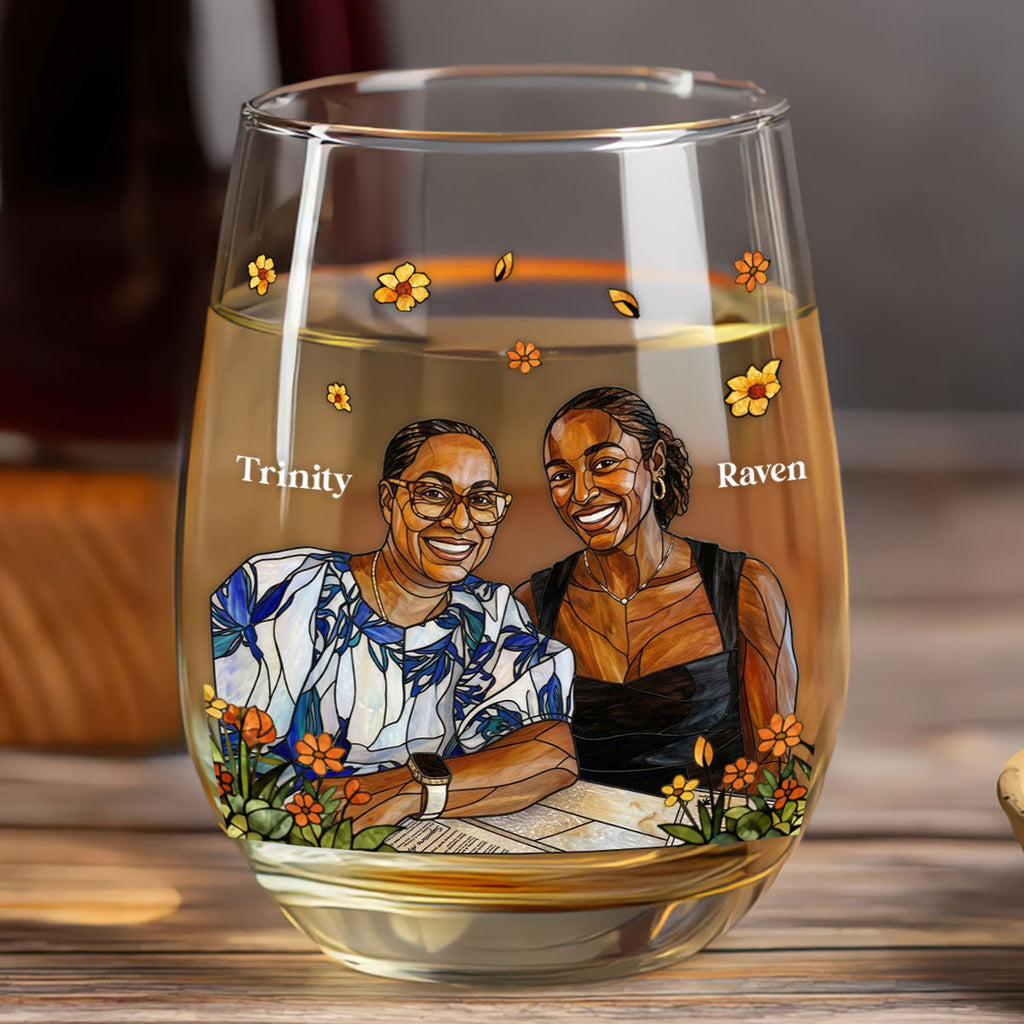 Custom Photo Stained Glass Portrait Mom Grandma Parents Family - Personalized Stemless Wine Glass
